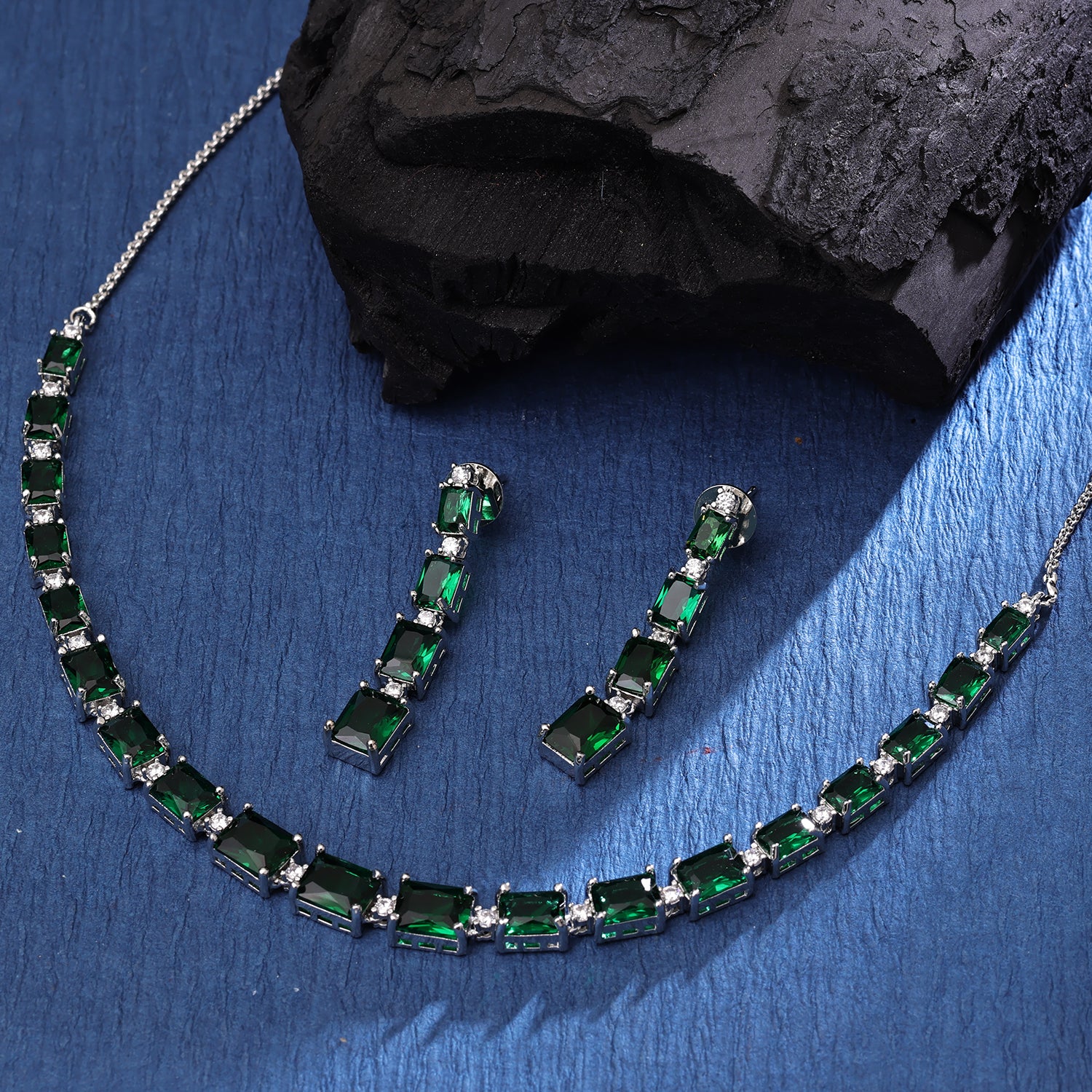 Sukkhi Likely Rhodium Plated CZ Green Necklace Set for Women