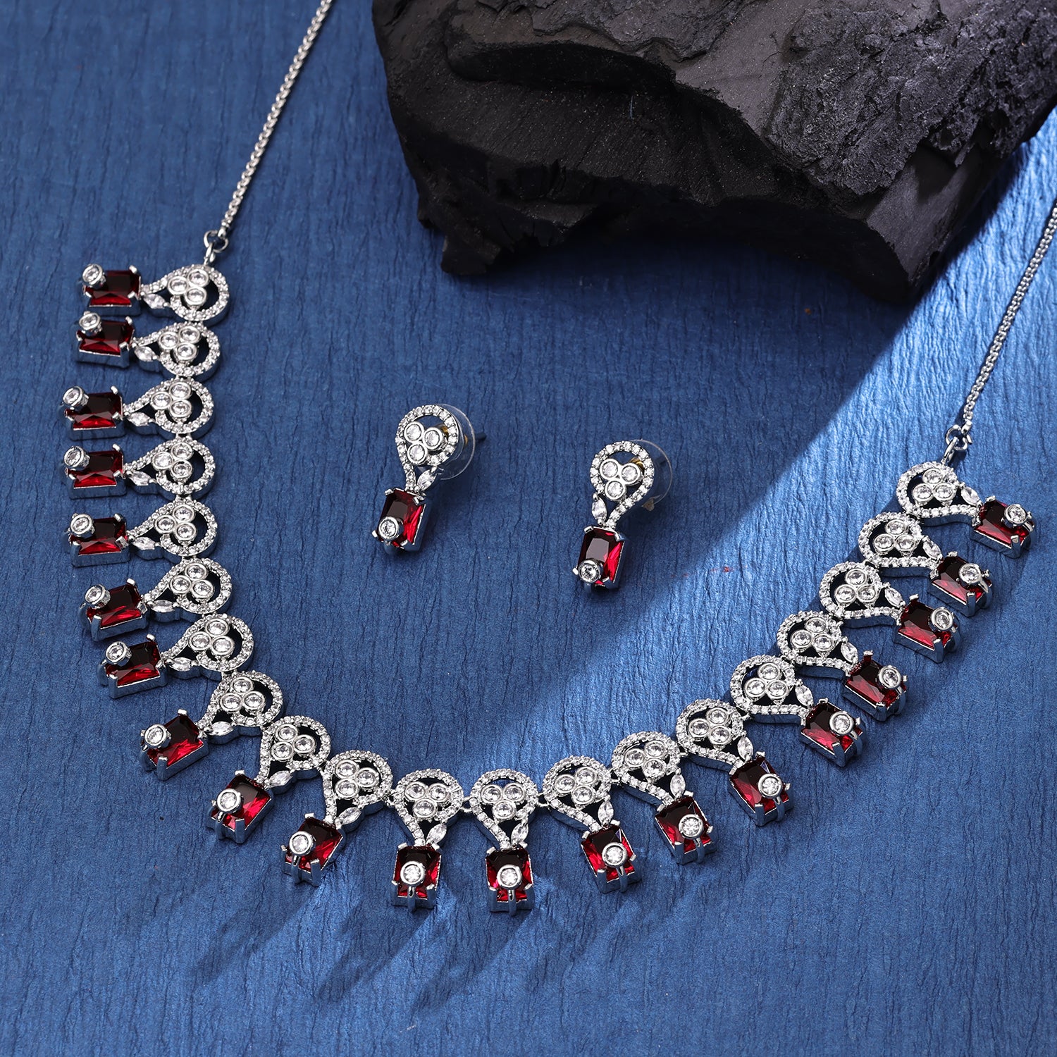 Sukkhi Lovely Rhodium Plated CZ Maroon Necklace Set for Women