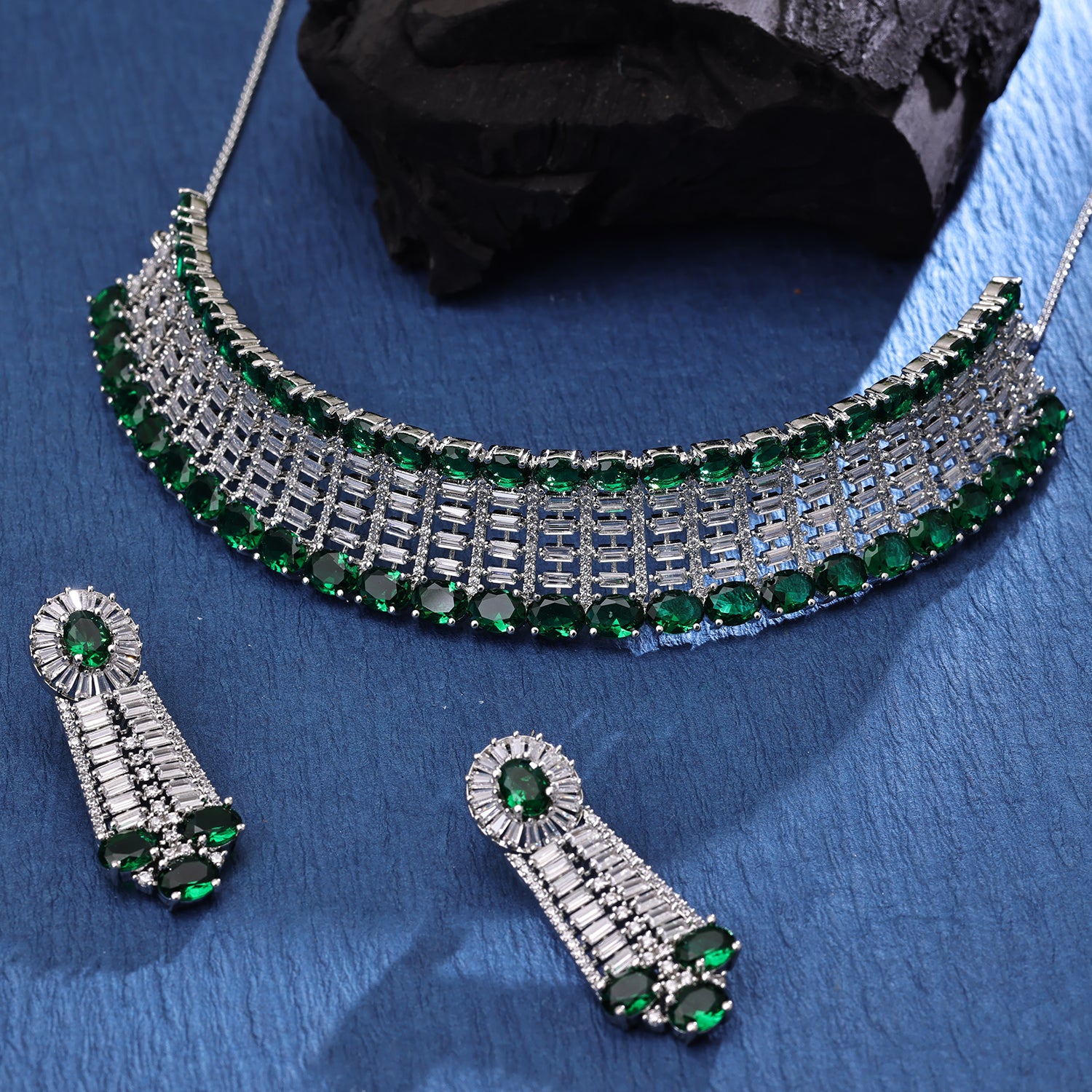 Sukkhi Ravishing Rhodium Plated CZ Green Necklace Set for Women