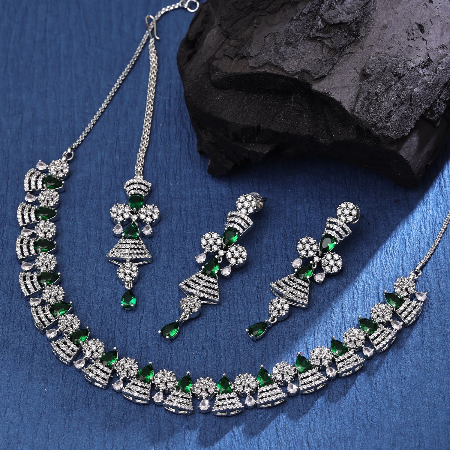 Sukkhi Sightly Rhodium Plated CZ Green Necklace Set for Women