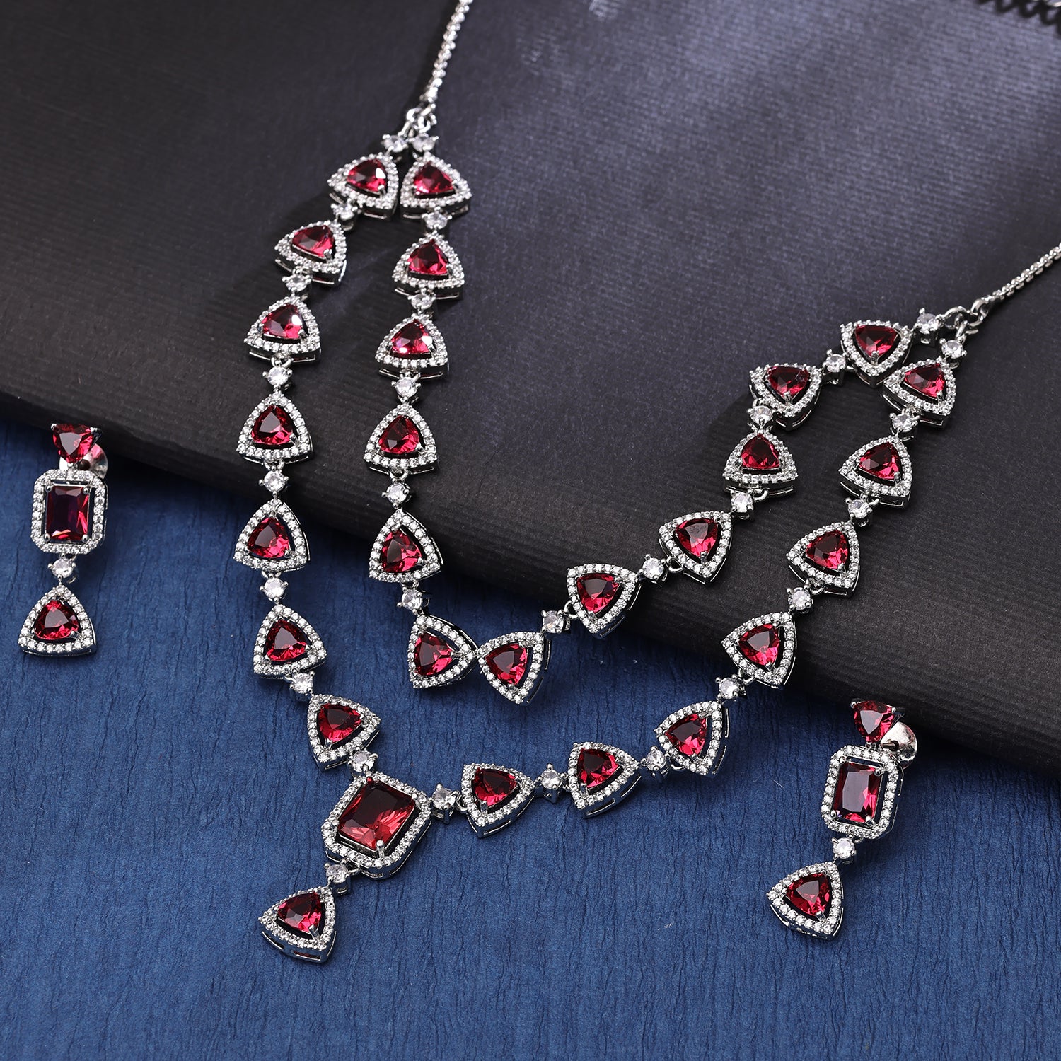 Sukkhi Taking Rhodium Plated CZ Maroon Necklace Set for Women
