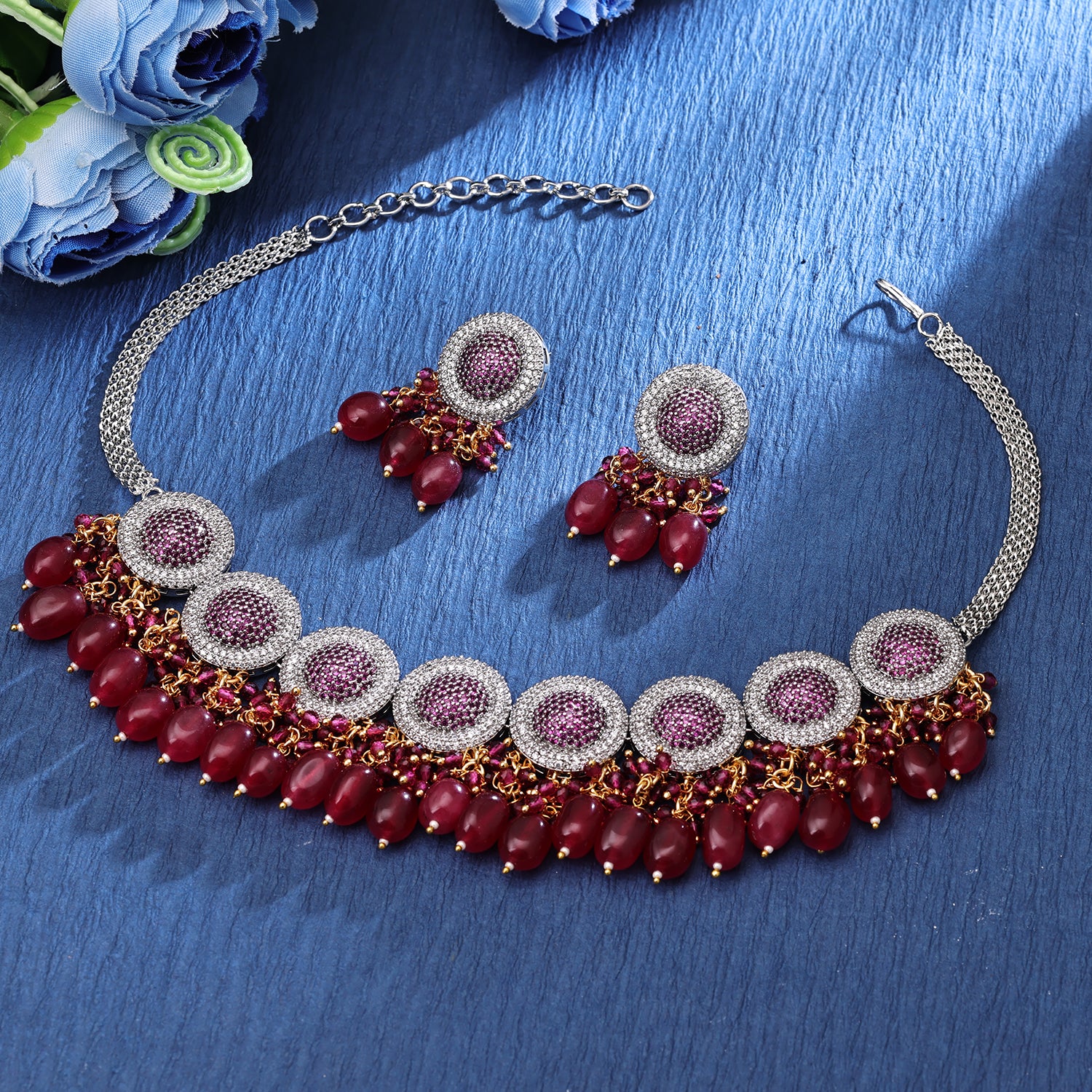 Sukkhi Cunning Rhodium Plated CZ & Pearl Maroon Necklace Set for Women