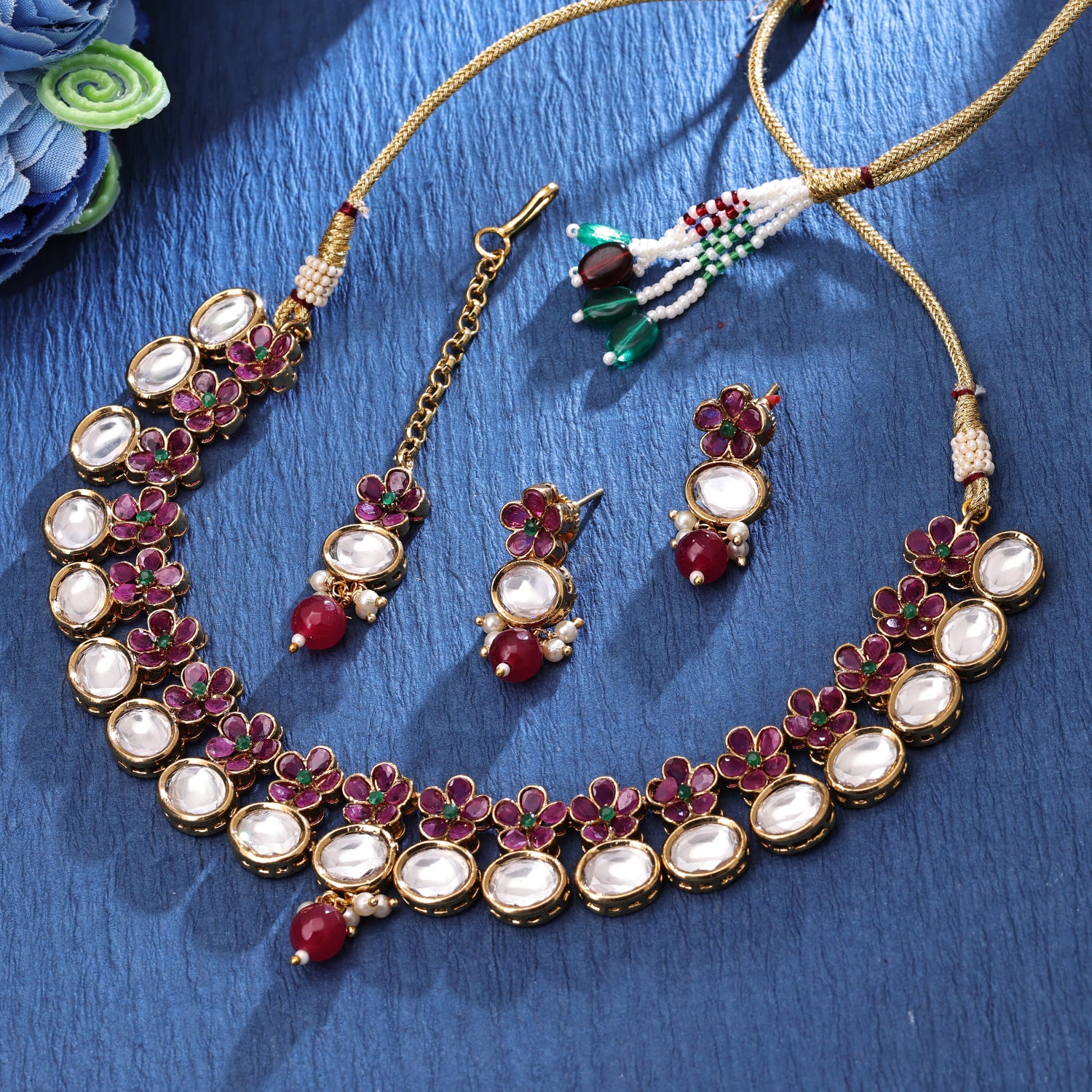 Sukkhi Statuesque Gold Plated Kundan & Pearl Maroon Necklace Set for Women