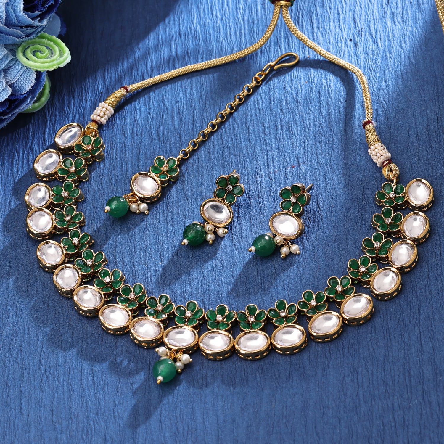 Sukkhi Dainty Gold Plated Kundan Green Necklace Set for Women