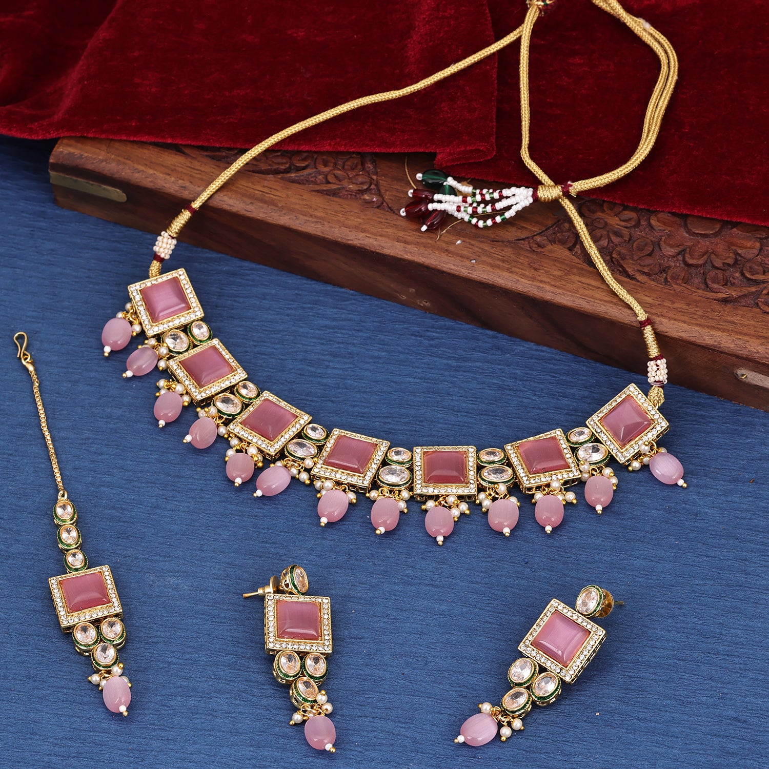 Sukkhi Snazzy Gold Plated CZ & Pearl Pink Necklace Set for Women