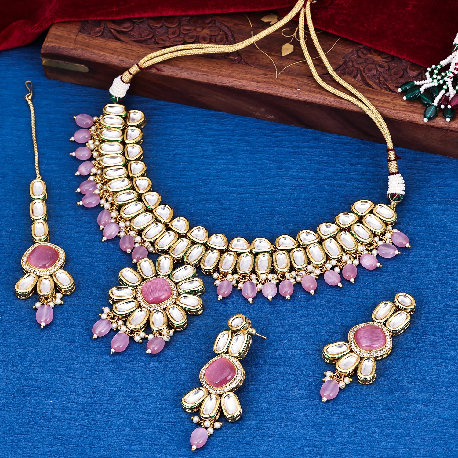 Sukkhi Standard Gold Plated Kundan & Pearl Pink Necklace Set for Women
