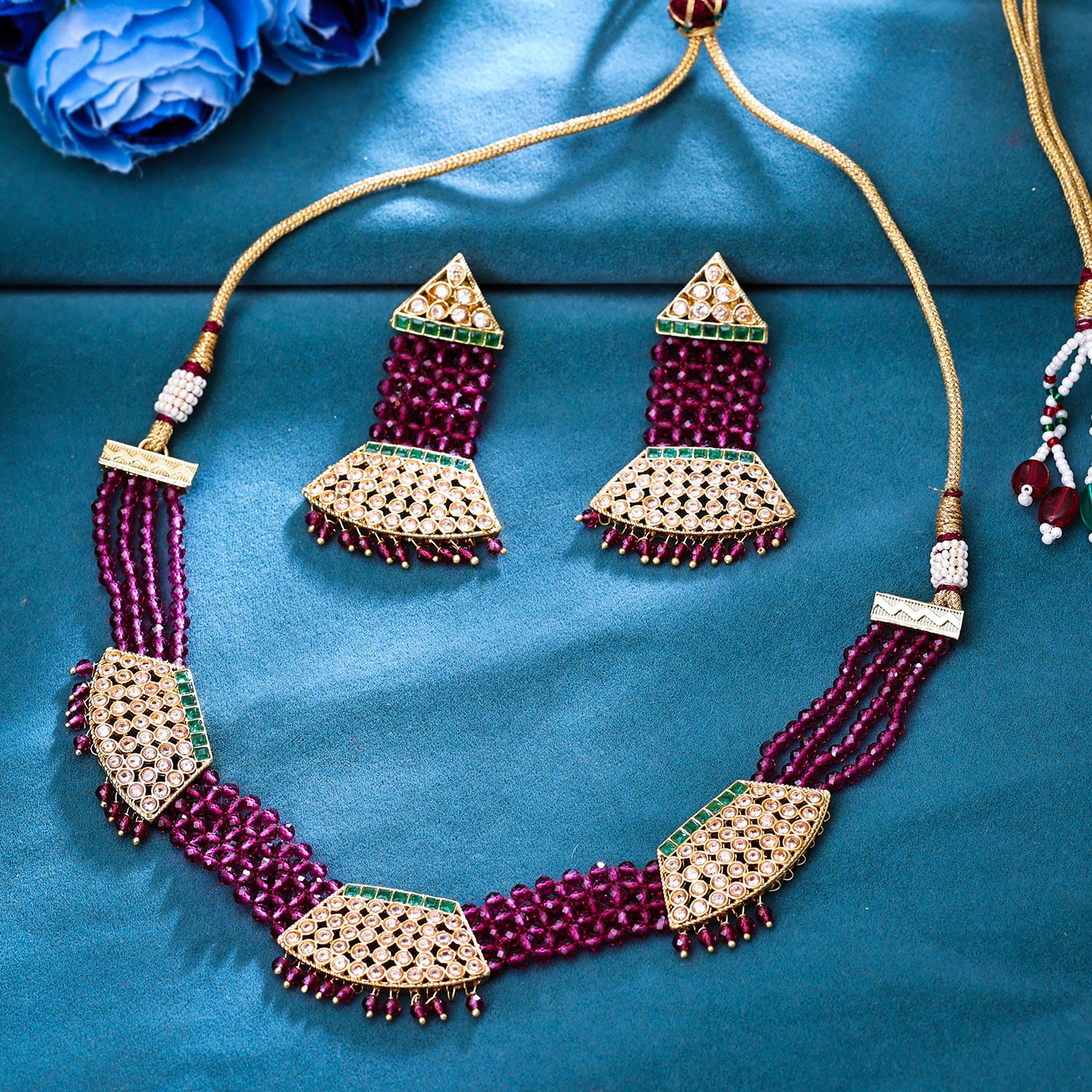Sukkhi Entrancing Gold Plated Kundan & Pearl Maroon Necklace Set for Women