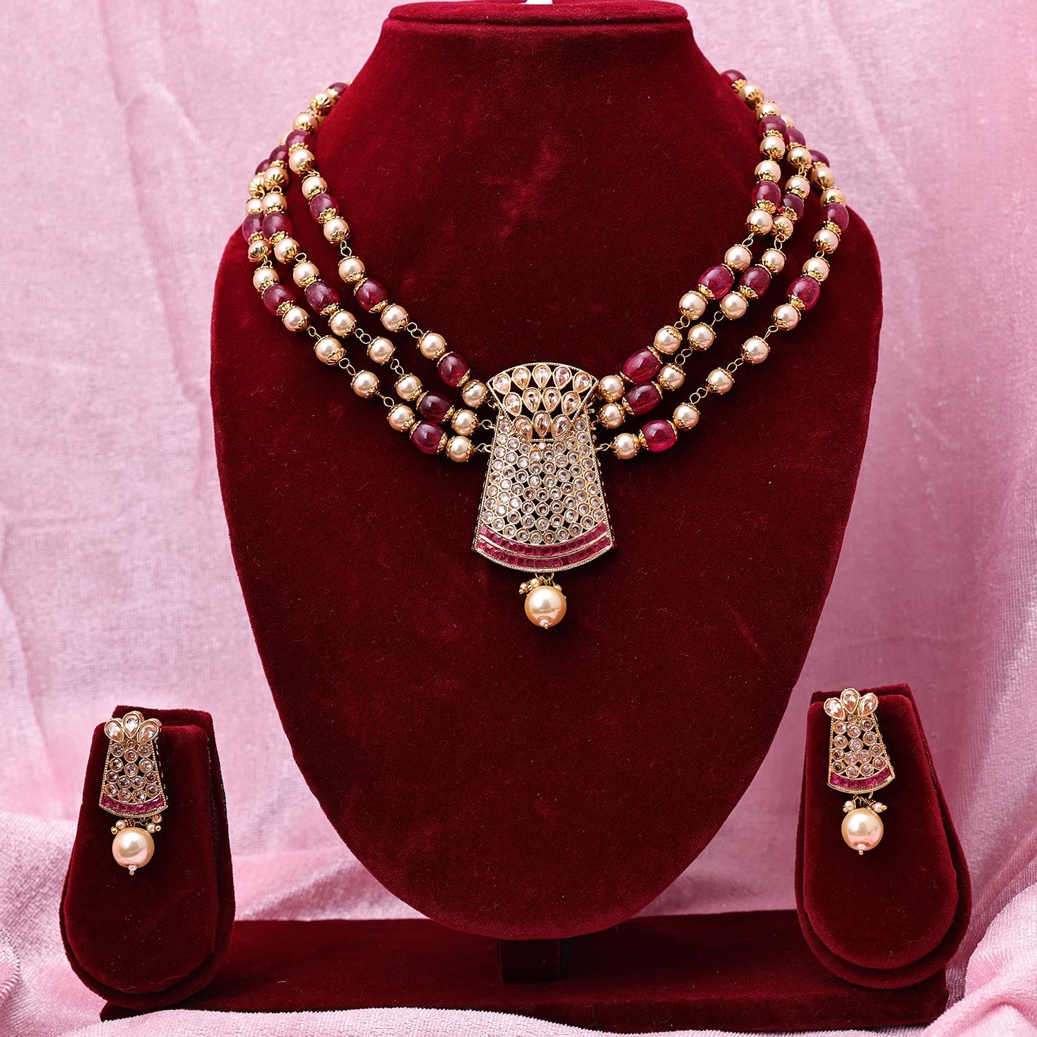 Sukkhi Magnetic Gold Plated Pearl Maroon Necklace Set for Women