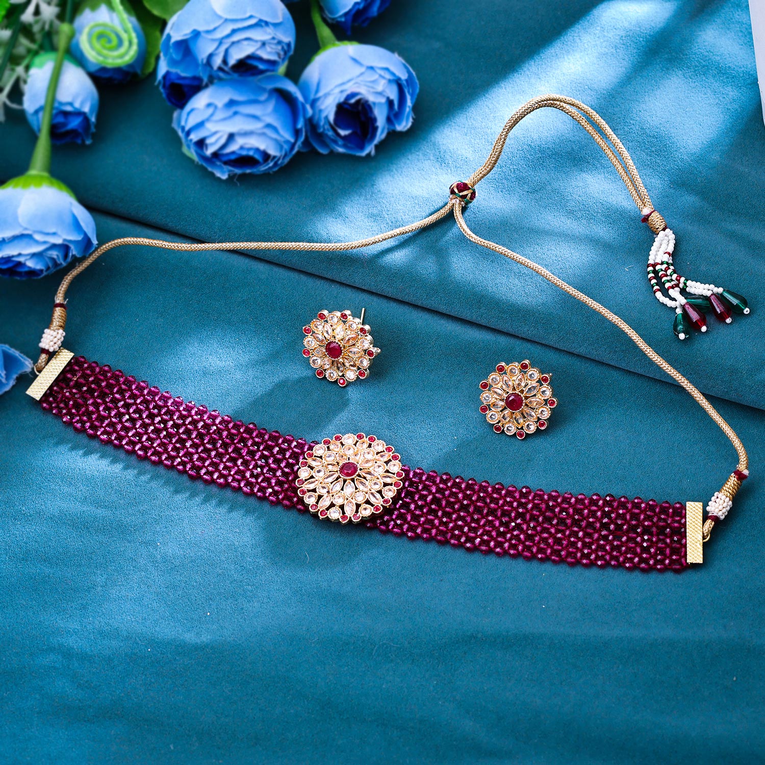 Sukkhi Drop-Dead Gold Plated Pearl Maroon Necklace Set for Women