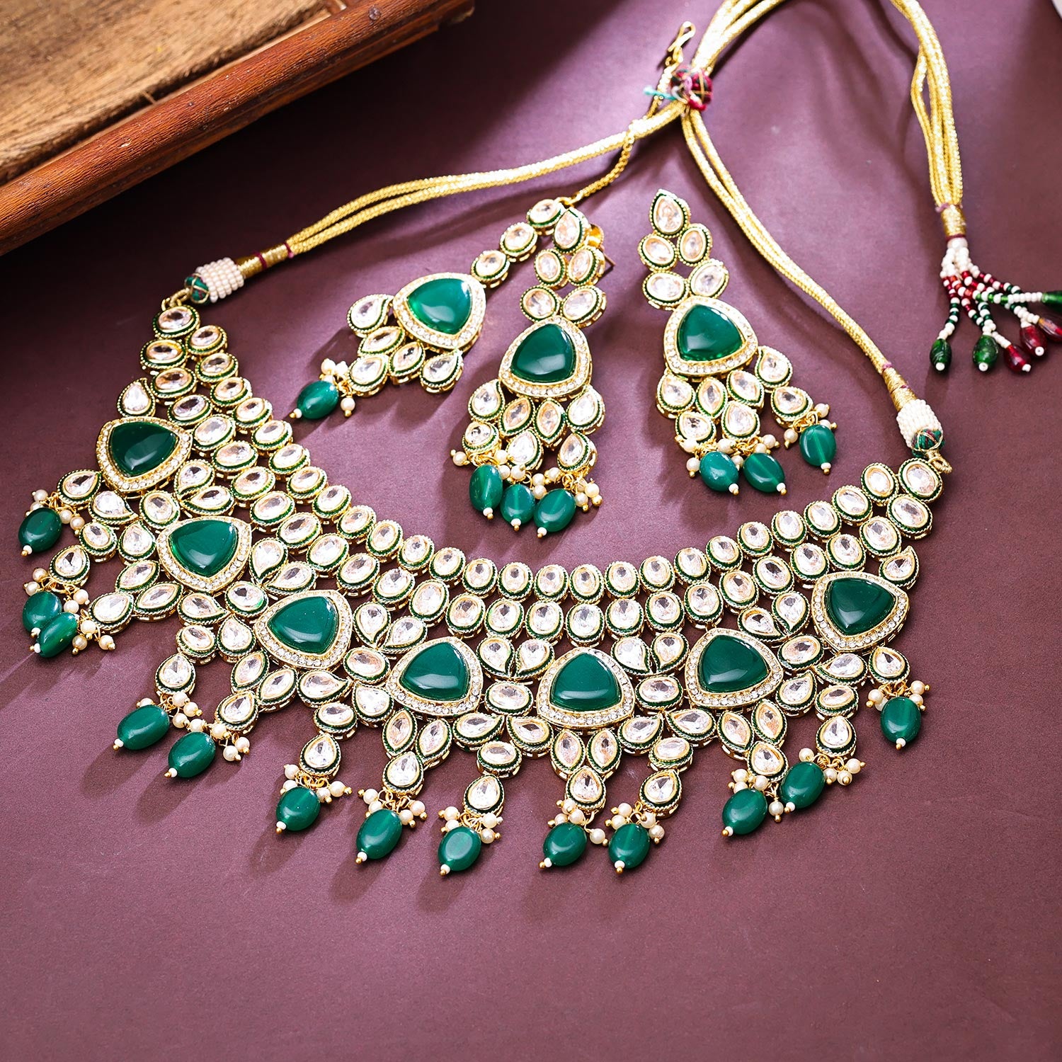 Sukkhi Good Gold Plated CZ & Pearl Green Necklace Set for Women