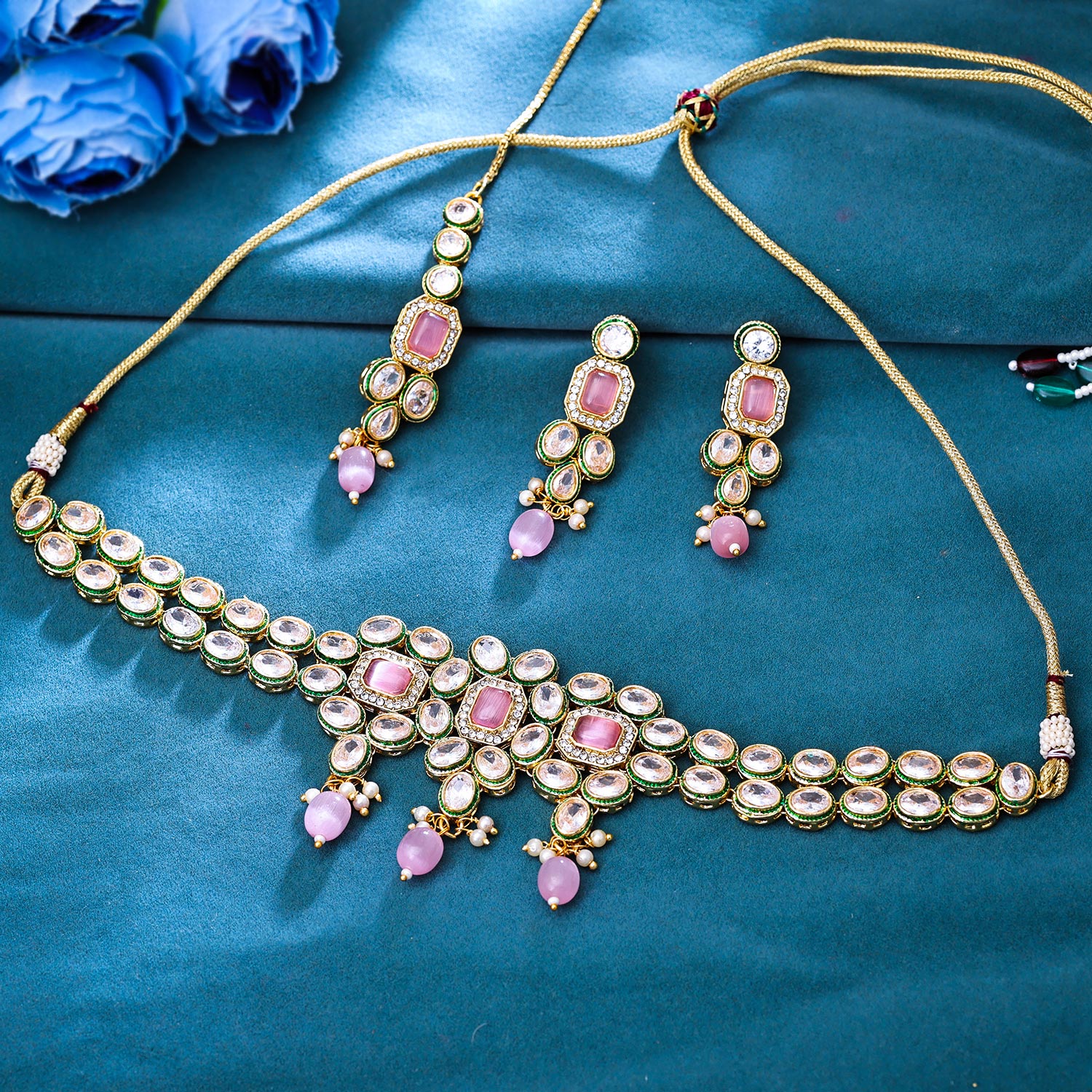 Sukkhi Handsome Gold Plated CZ & Pearl Pink Necklace Set for Women