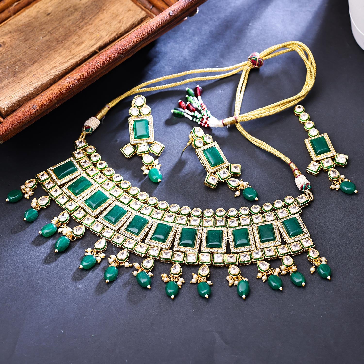 Sukkhi Likely Gold Plated CZ & Pearl Green Necklace Set for Women