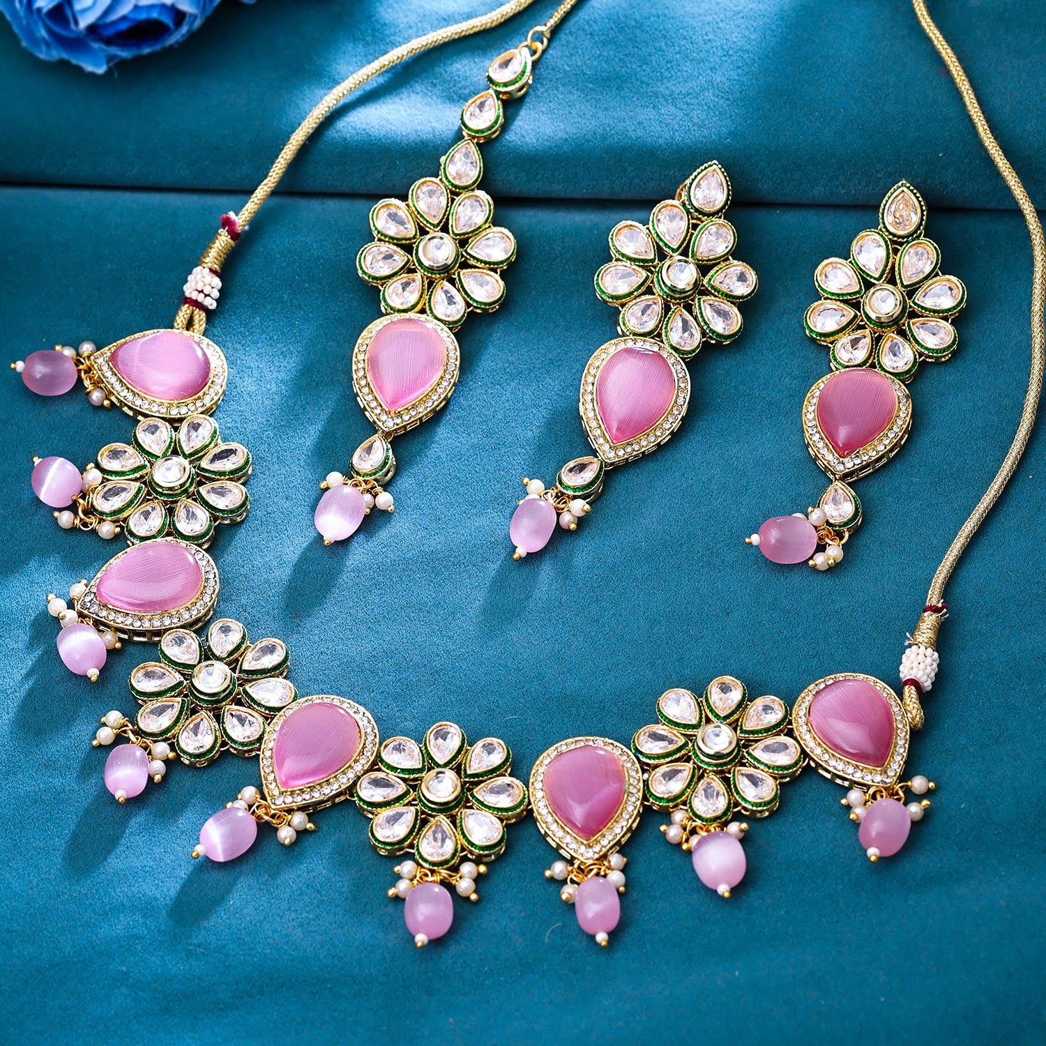 Sukkhi Seemly Gold Plated CZ & Pearl Pink Necklace Set for Women