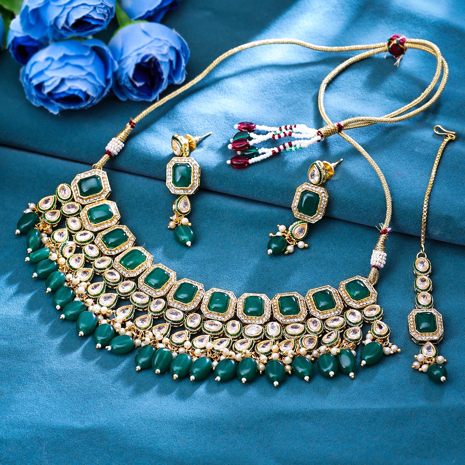 Sukkhi Sightly Gold Plated CZ & Pearl Green Necklace Set for Women