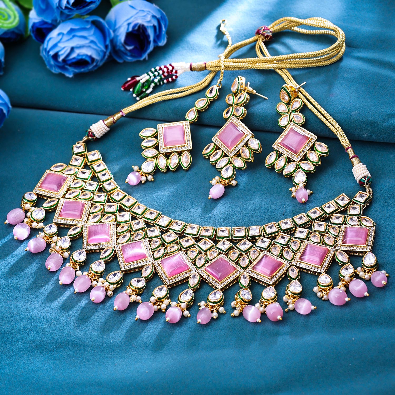 Sukkhi Stunning Gold Plated CZ & Pearl Pink Necklace Set for Women