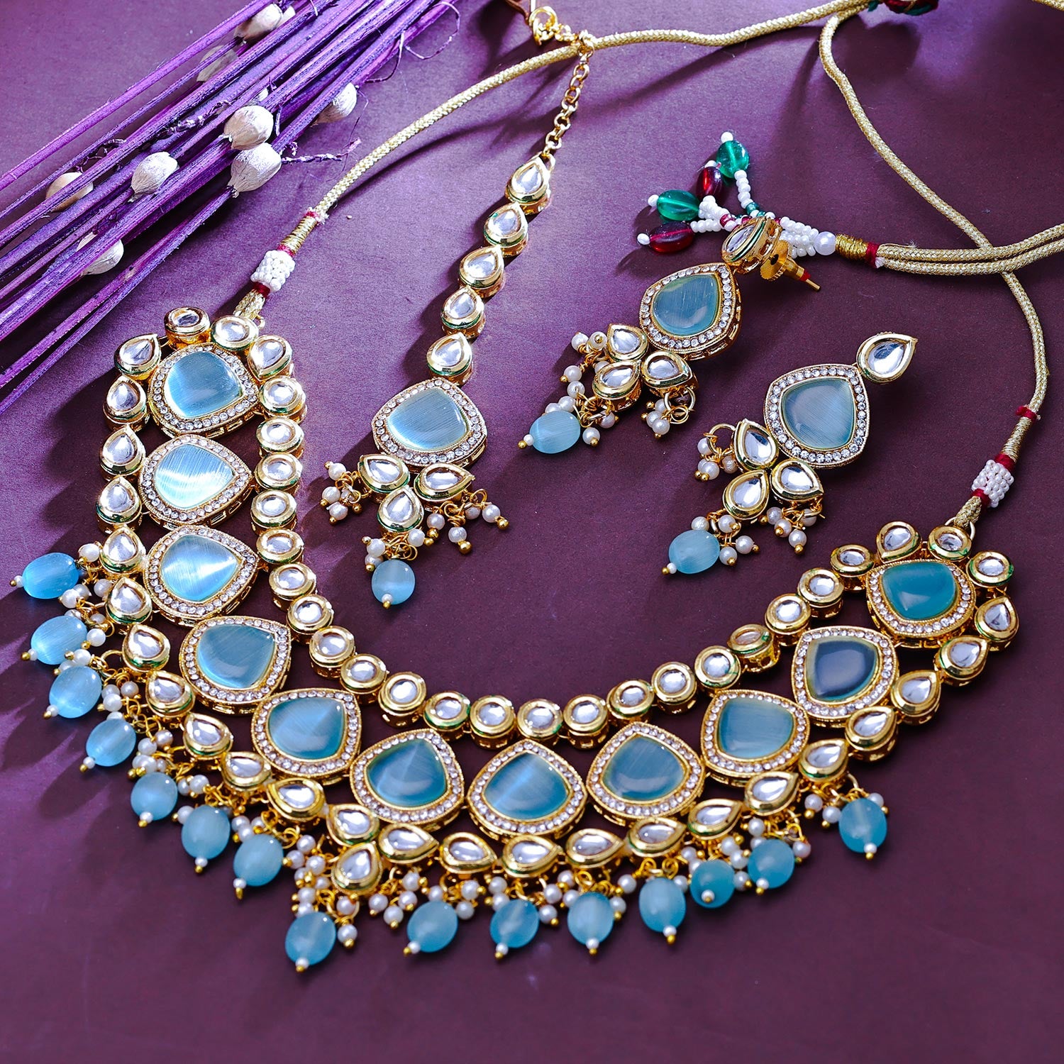 Sukkhi Magnificent Gold Plated CZ & Kundan & Pearl Aqua Necklace Set for Women