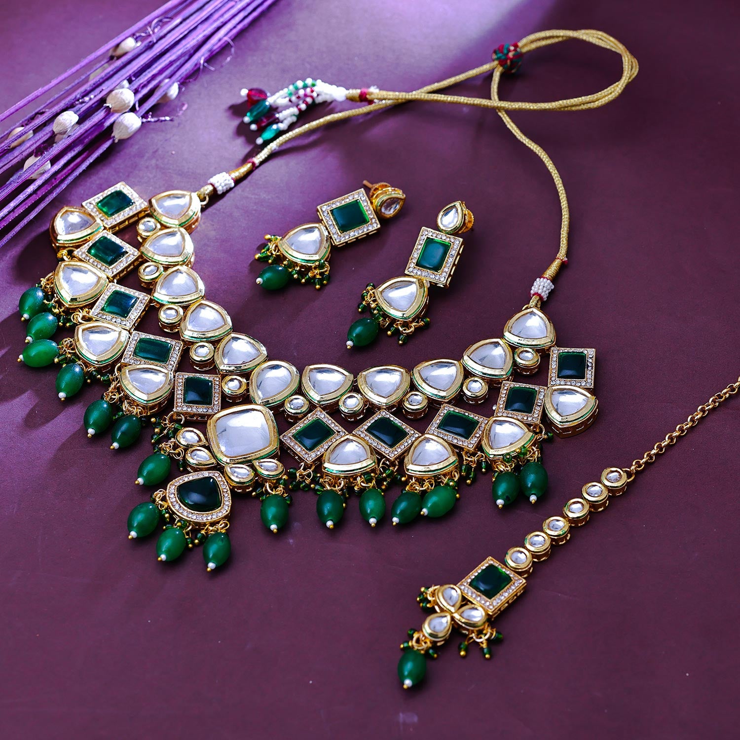 Sukkhi Splendid Gold Plated CZ & Kundan & Pearl Green Necklace Set for Women
