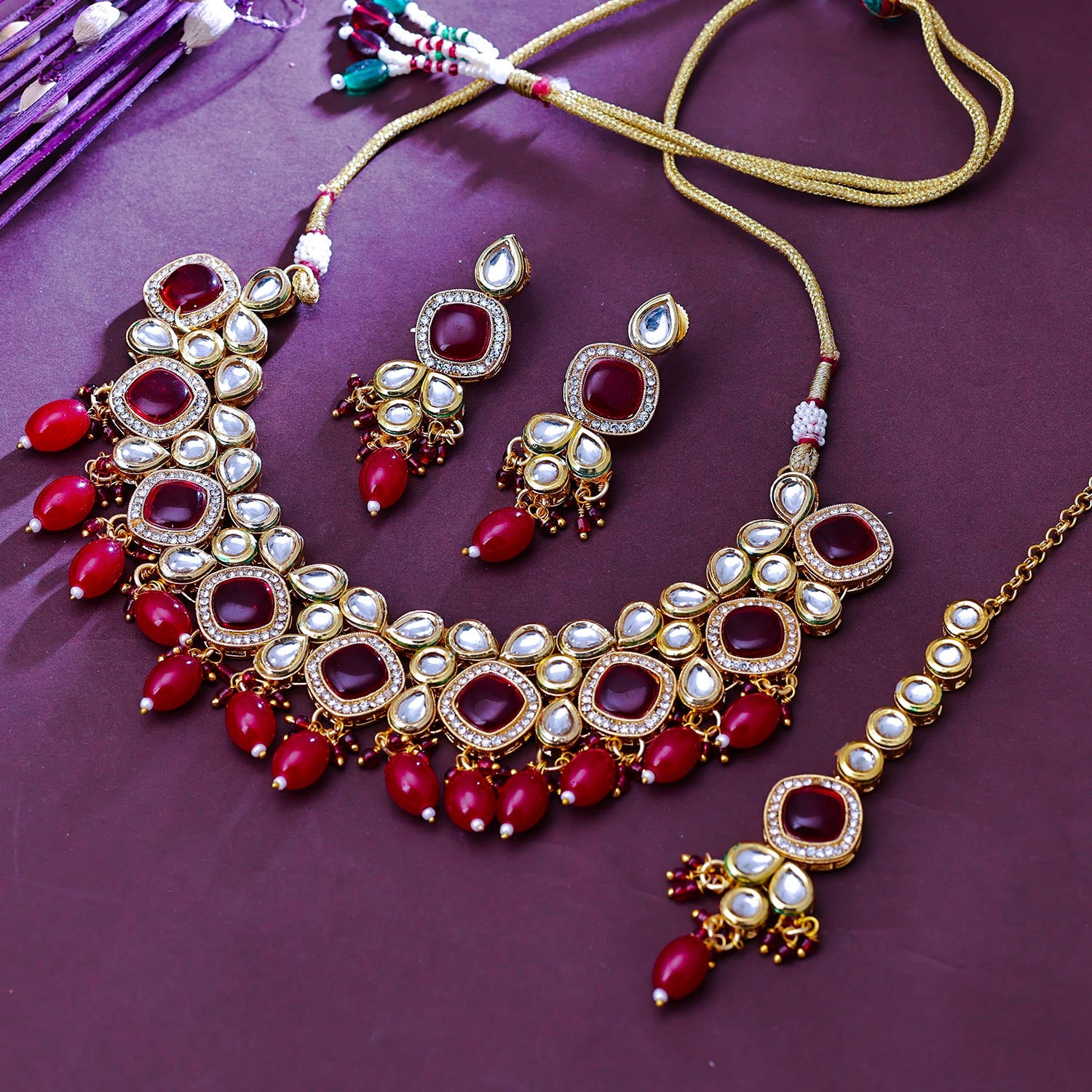 Sukkhi Sublime Gold Plated CZ & Kundan & Pearl Maroon Necklace Set for Women
