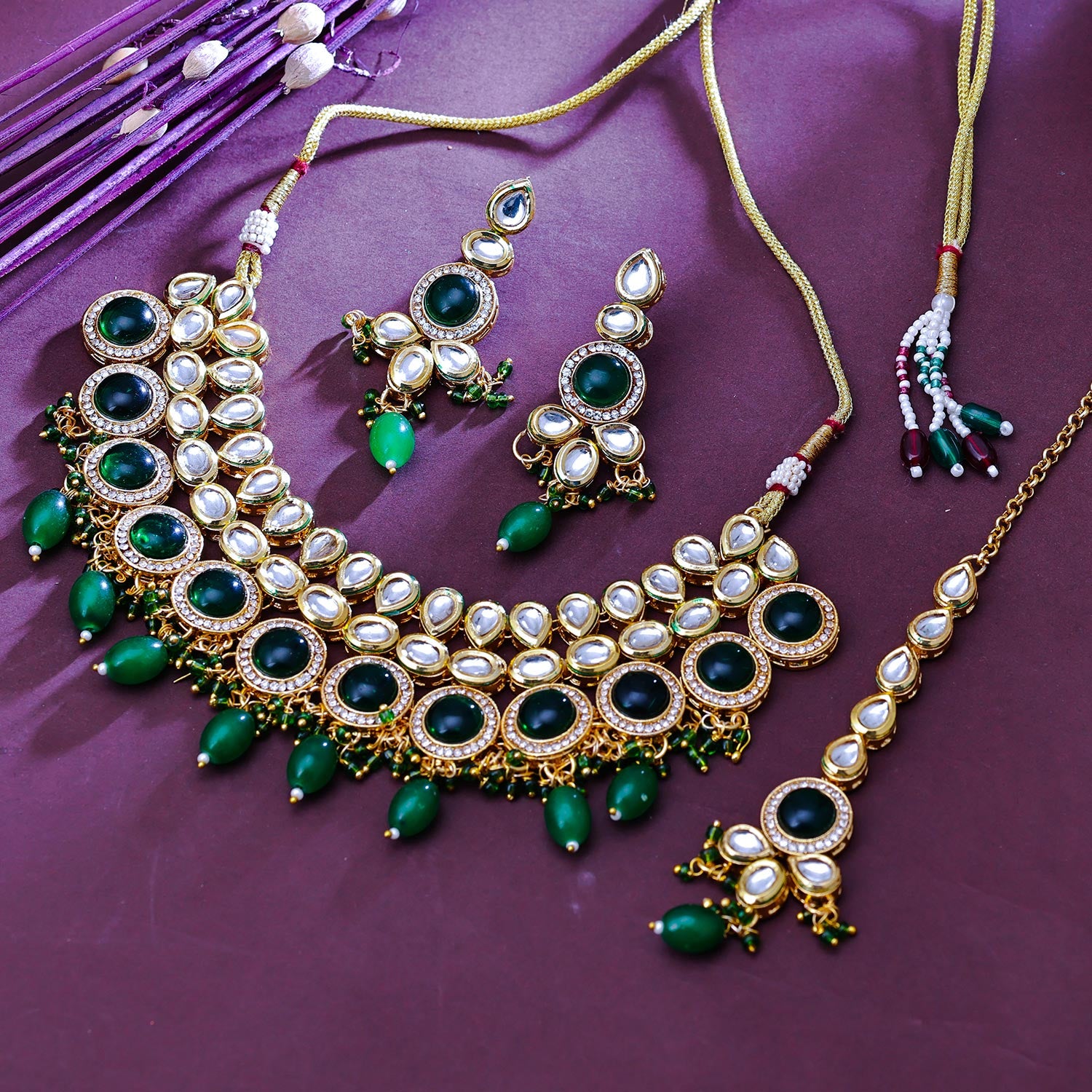 Sukkhi Flawless Gold Plated CZ & Kundan & Pearl Green Necklace Set for Women
