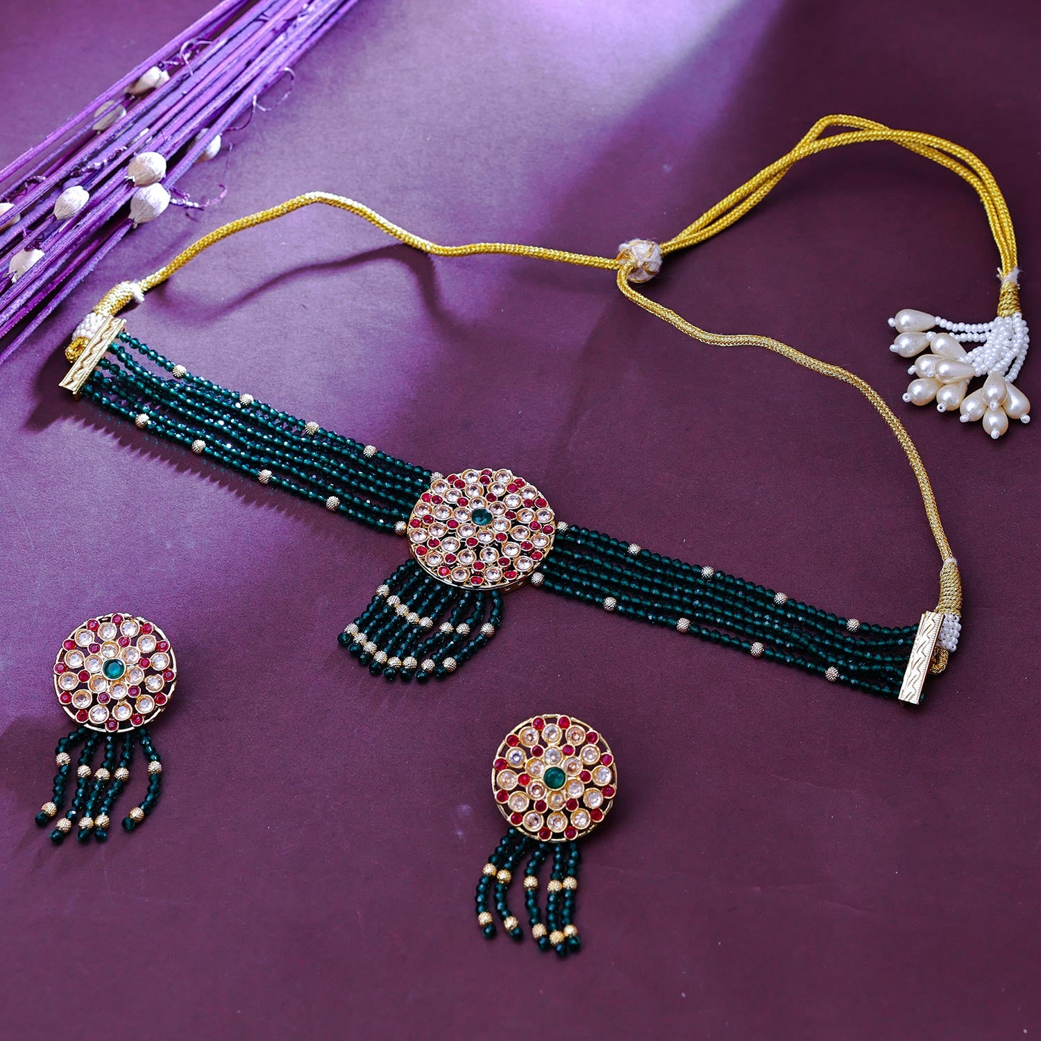 Sukkhi Absorbing Gold Plated Pearl Green Necklace Set for Women