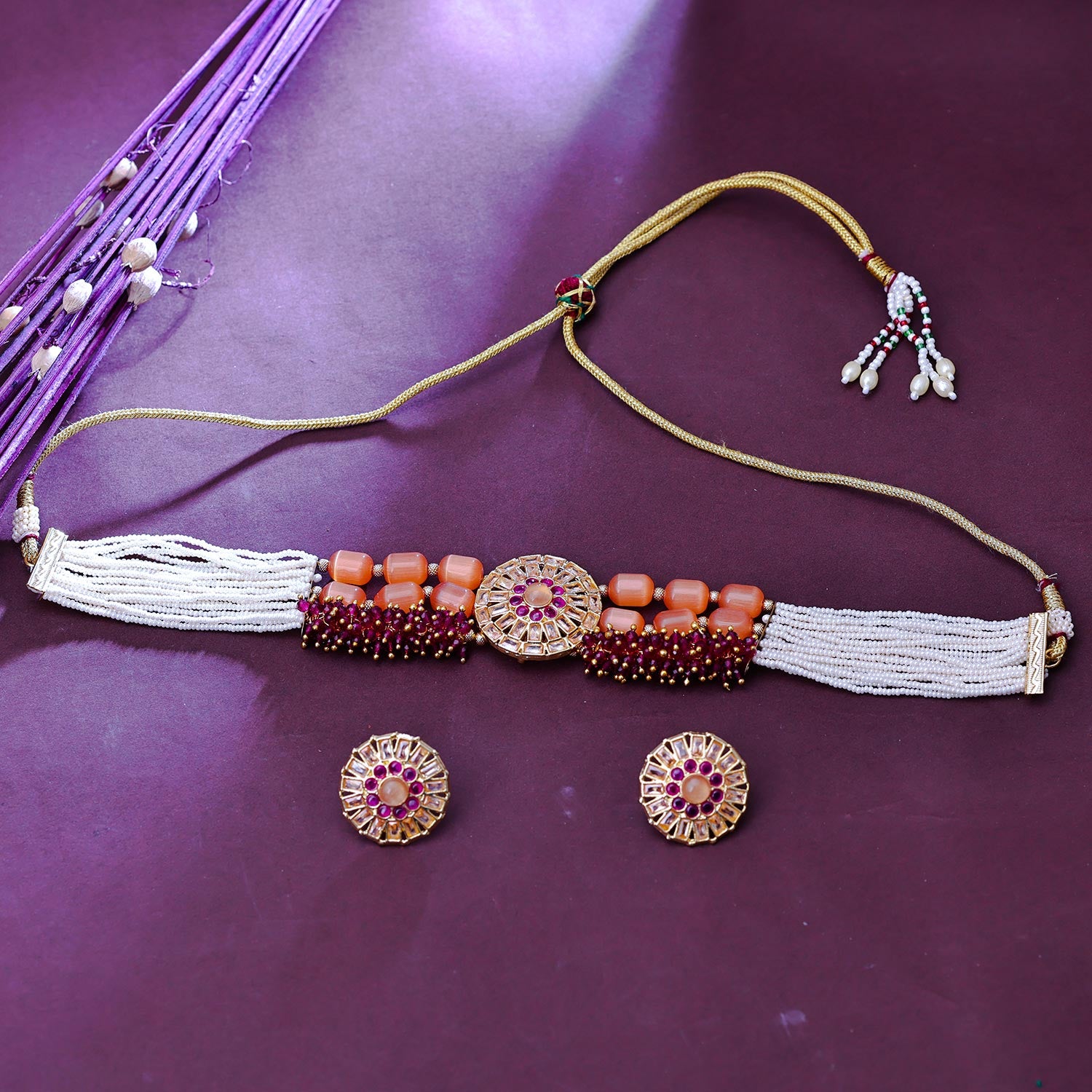 Sukkhi Galvanic Gold Plated Pearl Maroon Necklace Set for Women