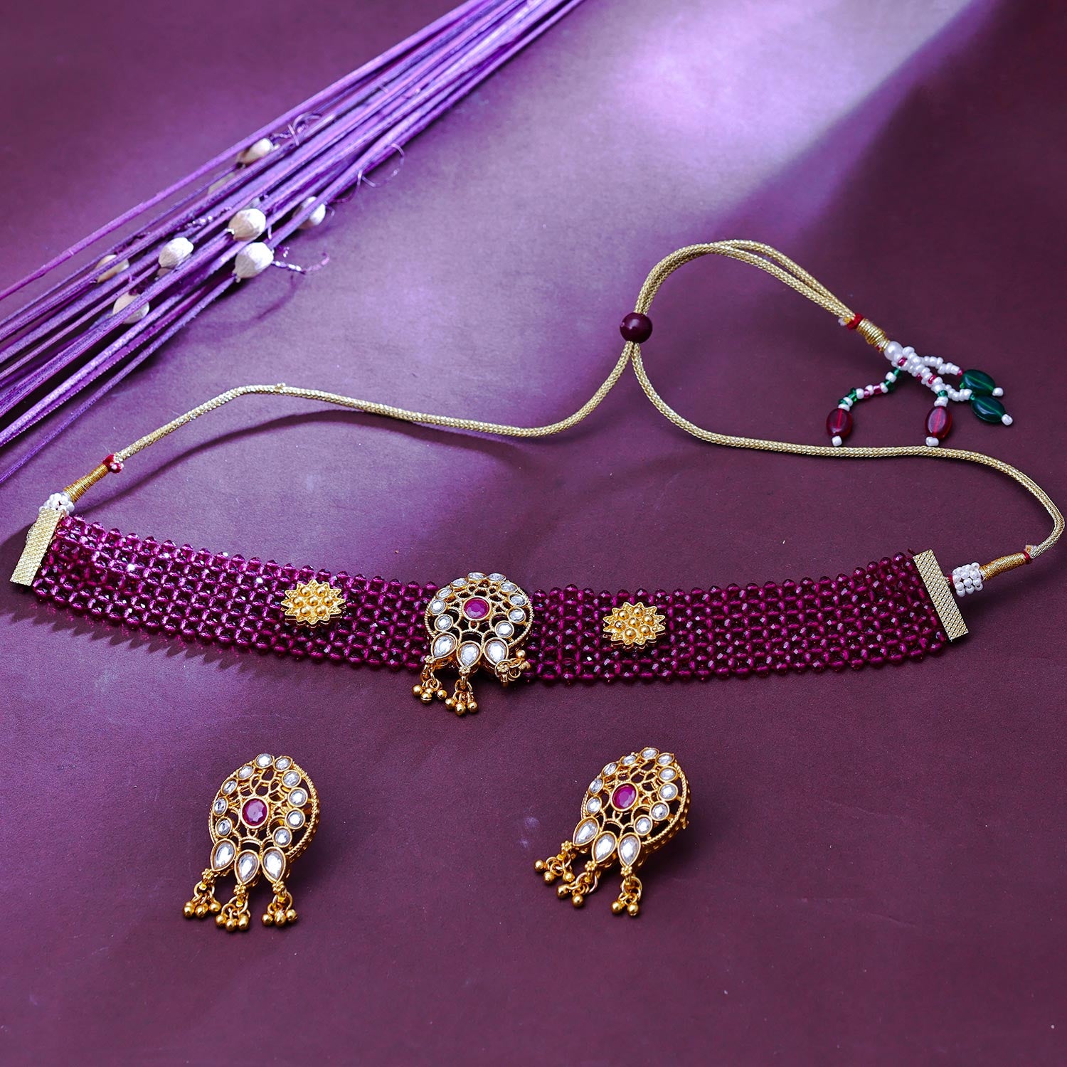 Sukkhi Pleasant Gold Plated Pearl Maroon Necklace Set for Women