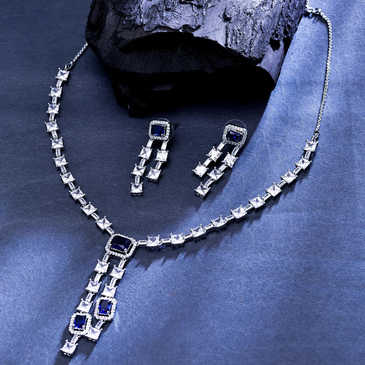 Sukkhi Bewitching Rhodium Plated CZ Navy Blue Necklace Set for Women