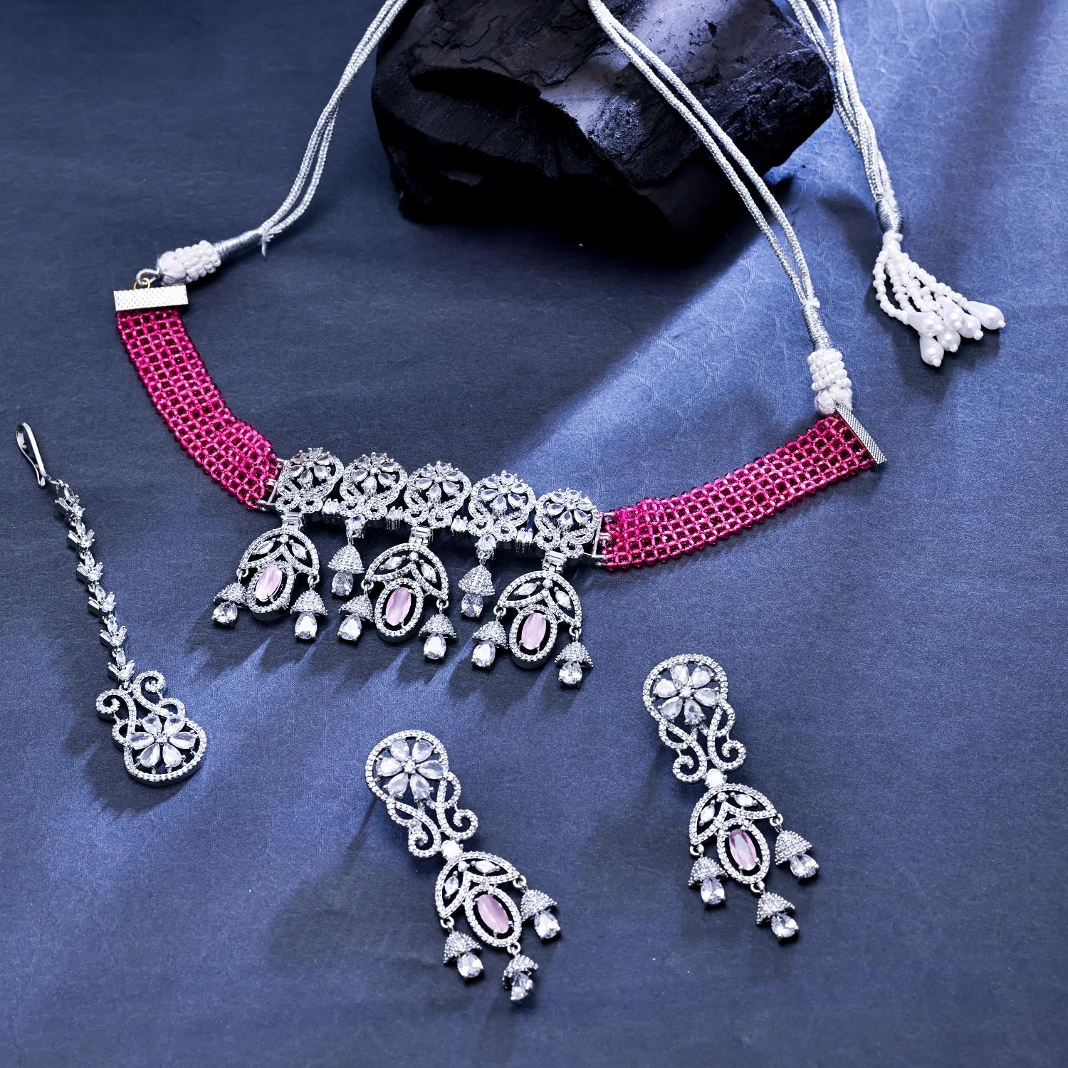 Sukkhi Elfin Rhodium Plated CZ Silver Necklace Set for Women