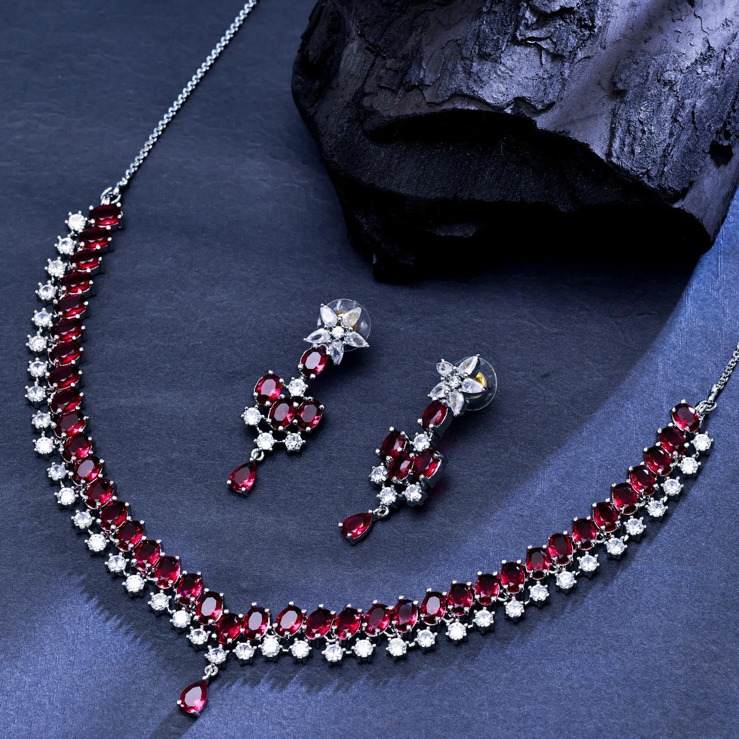 Sukkhi Enchanting Rhodium Plated CZ Pink Necklace Set for Women