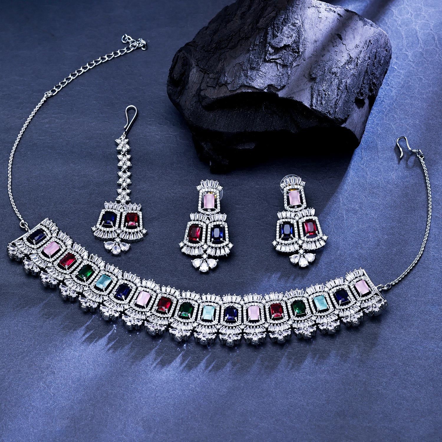 Sukkhi Engaging Rhodium Plated CZ Multi Necklace Set for Women