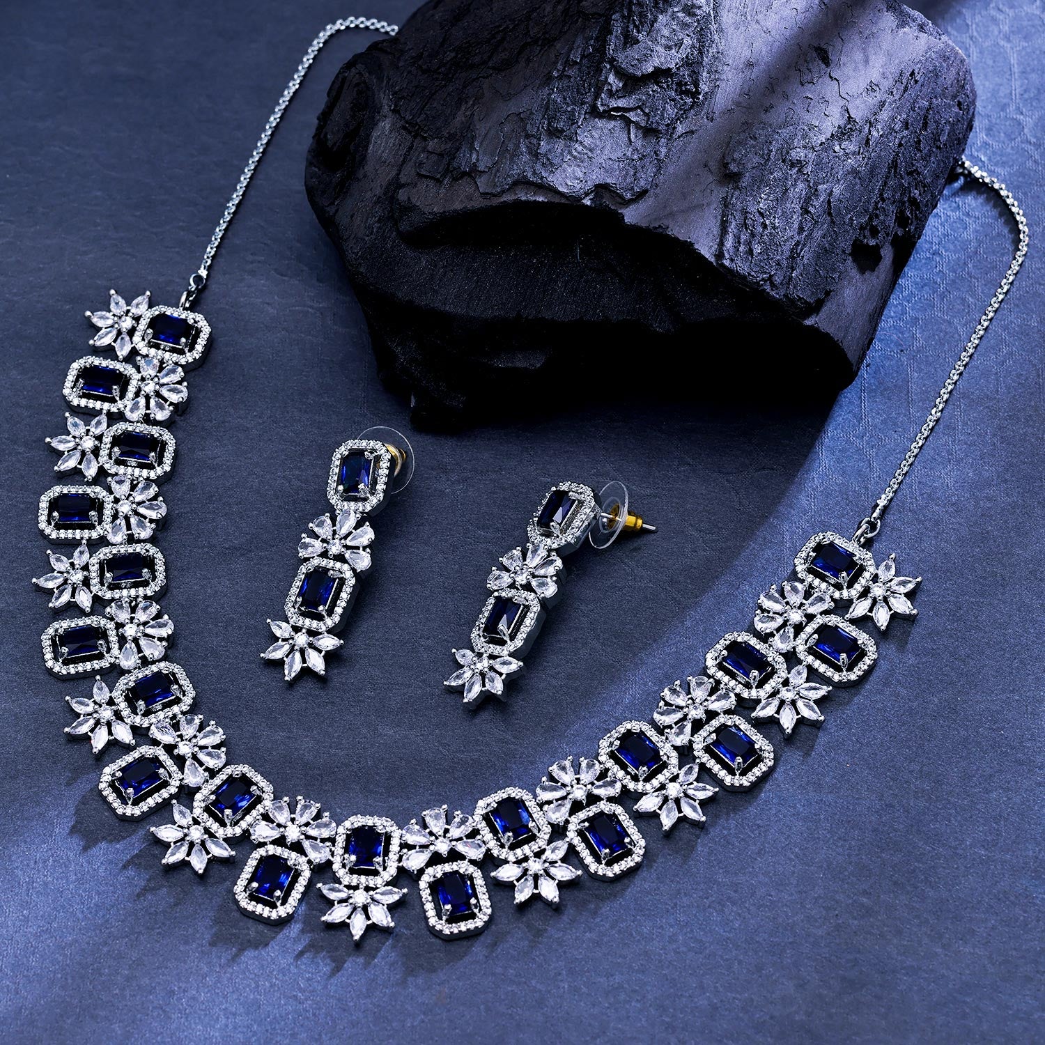 Sukkhi Entrancing Rhodium Plated CZ Navy Blue Necklace Set for Women