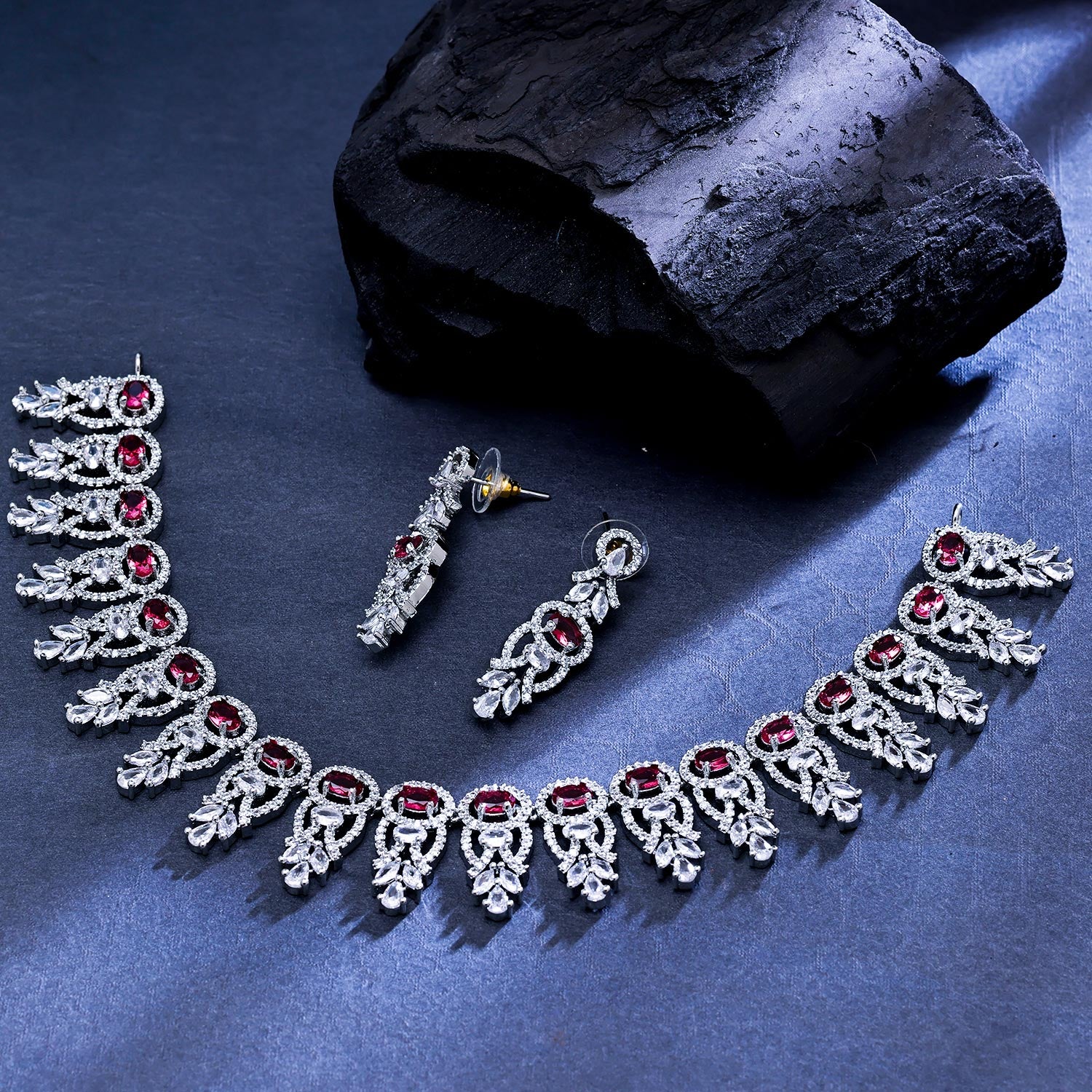 Sukkhi Fascinating Rhodium Plated CZ Pink Necklace Set for Women