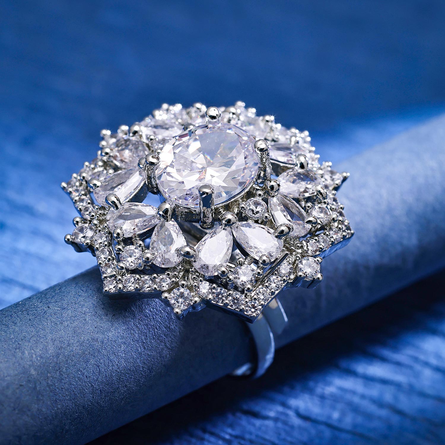 Sukkhi Drop-Dead Rhodium Plated CZ Silver Ring for Women