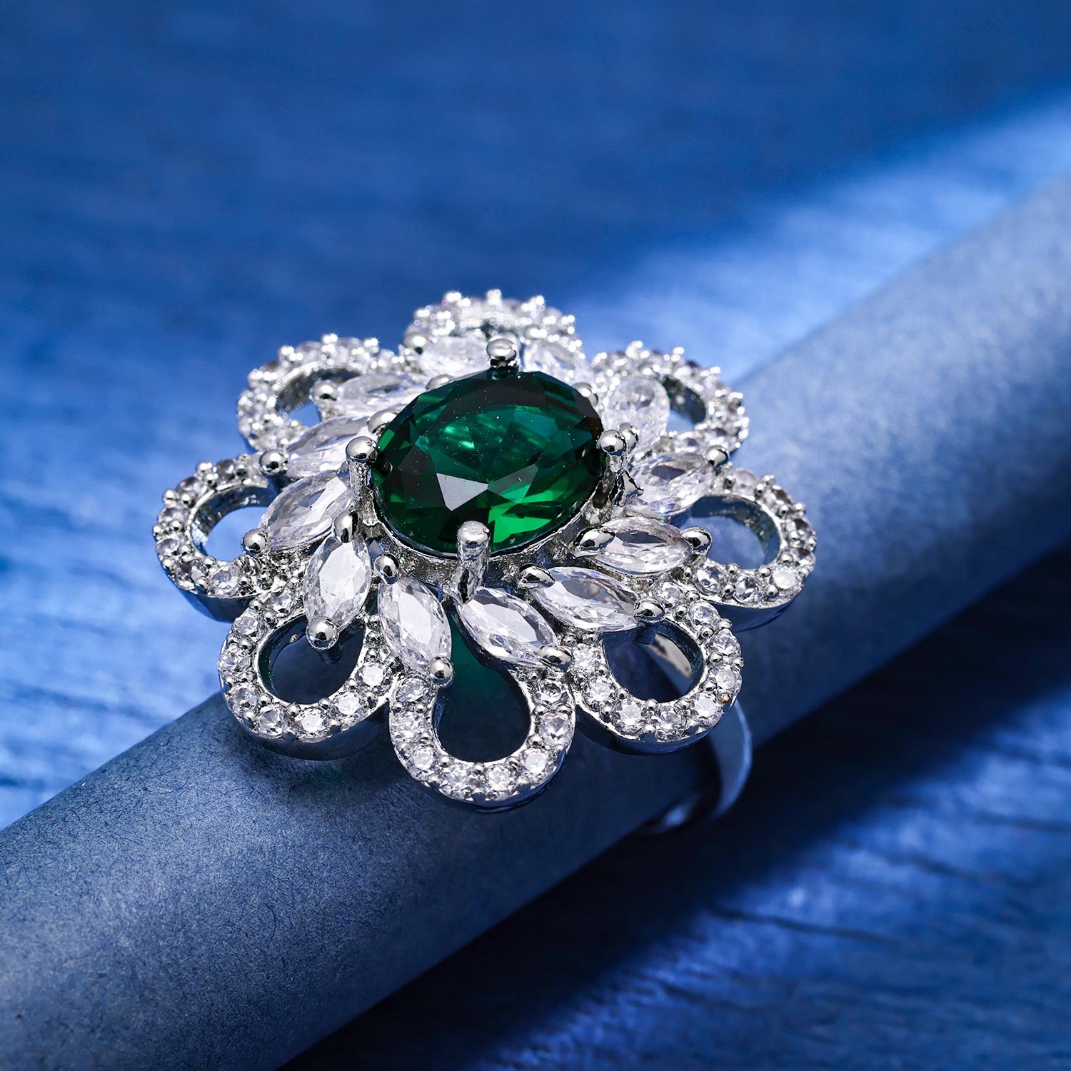 Sukkhi Good-Looking Rhodium Plated CZ Green Ring for Women