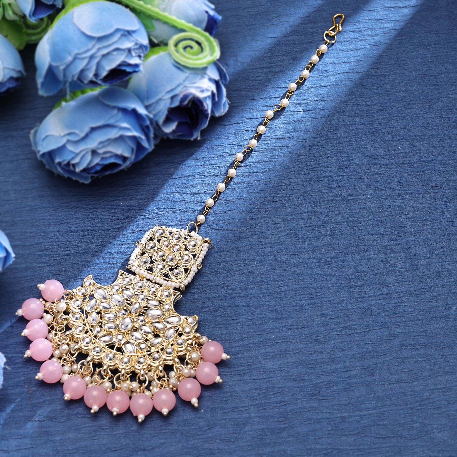 Sukkhi Personable Gold Plated Kundan & Pearl Pink Maangtikka for Women