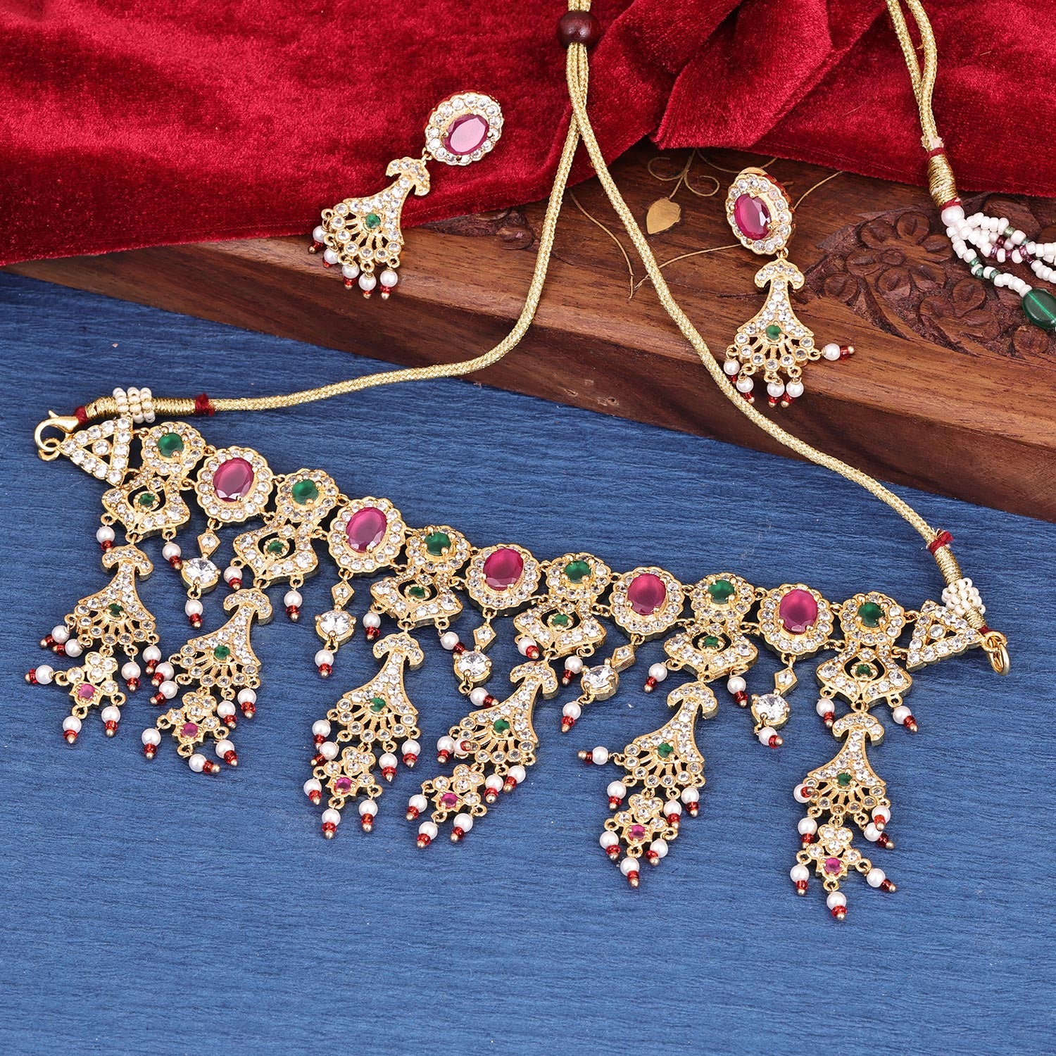 Sukkhi High-Grade Gold Plated CZ & Pearl Golden Necklace Set for Women