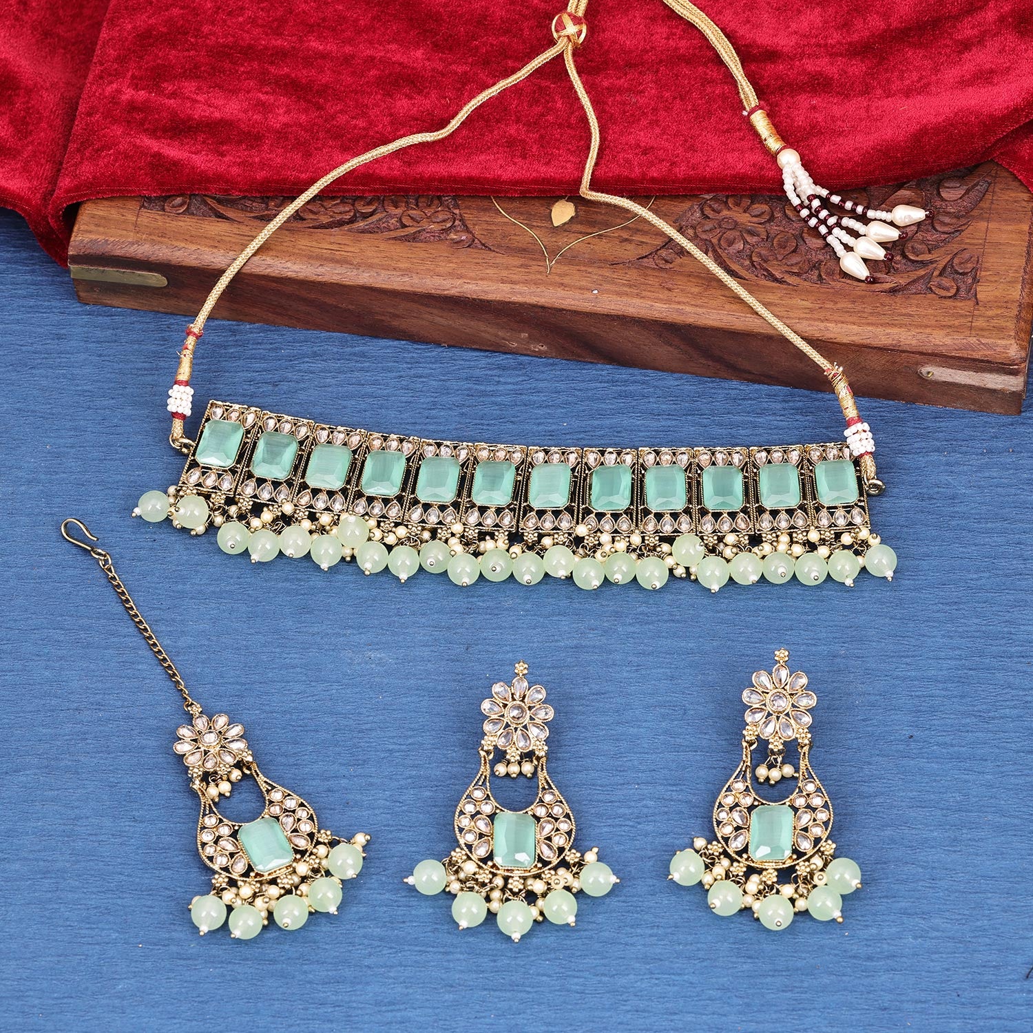 Sukkhi Select Gold Plated Kundan & Pearl Green Necklace Set for Women