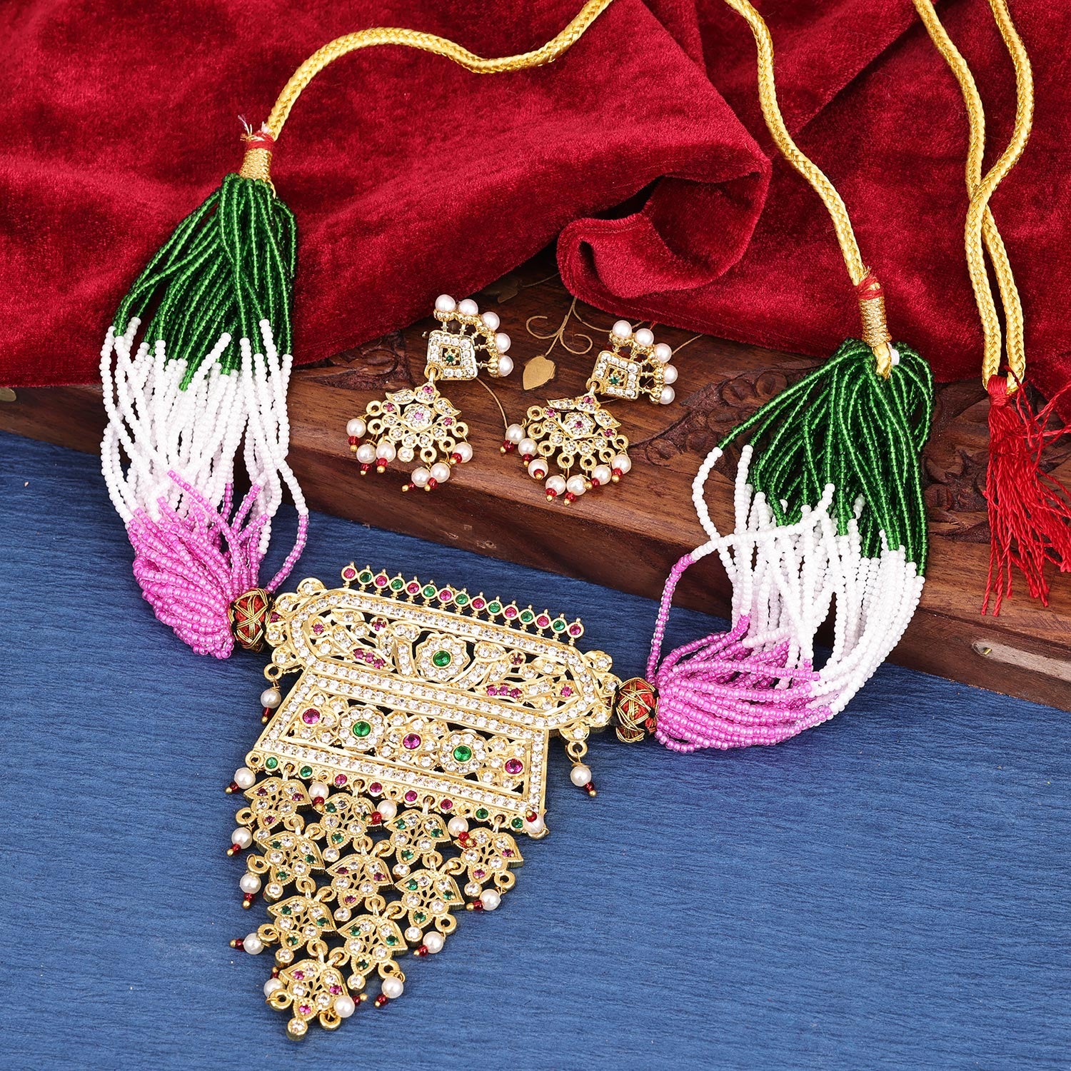 Sukkhi Standard Gold Plated CZ & Pearl Golden Necklace Set for Women