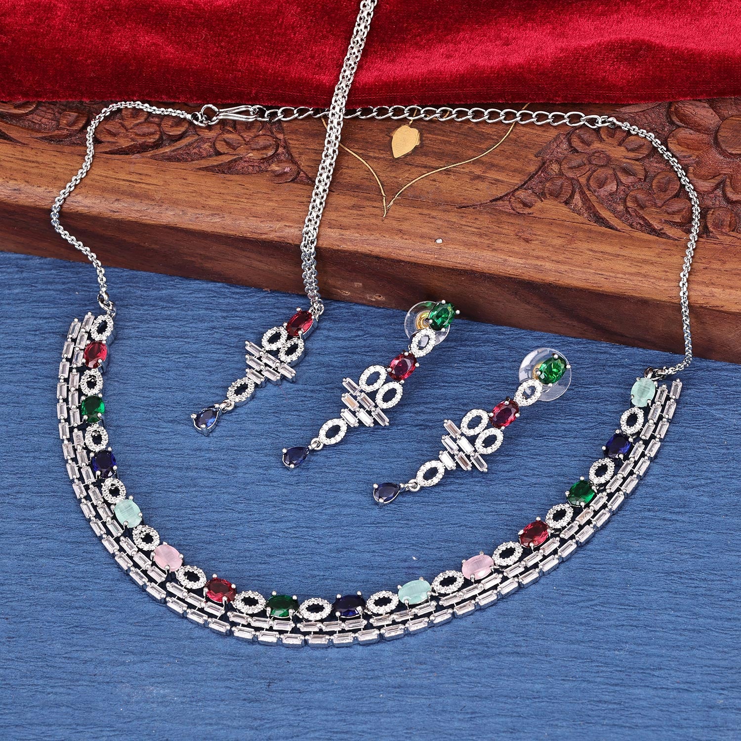 Sukkhi Riveting Rhodium Plated CZ Multi Necklace Set for Women