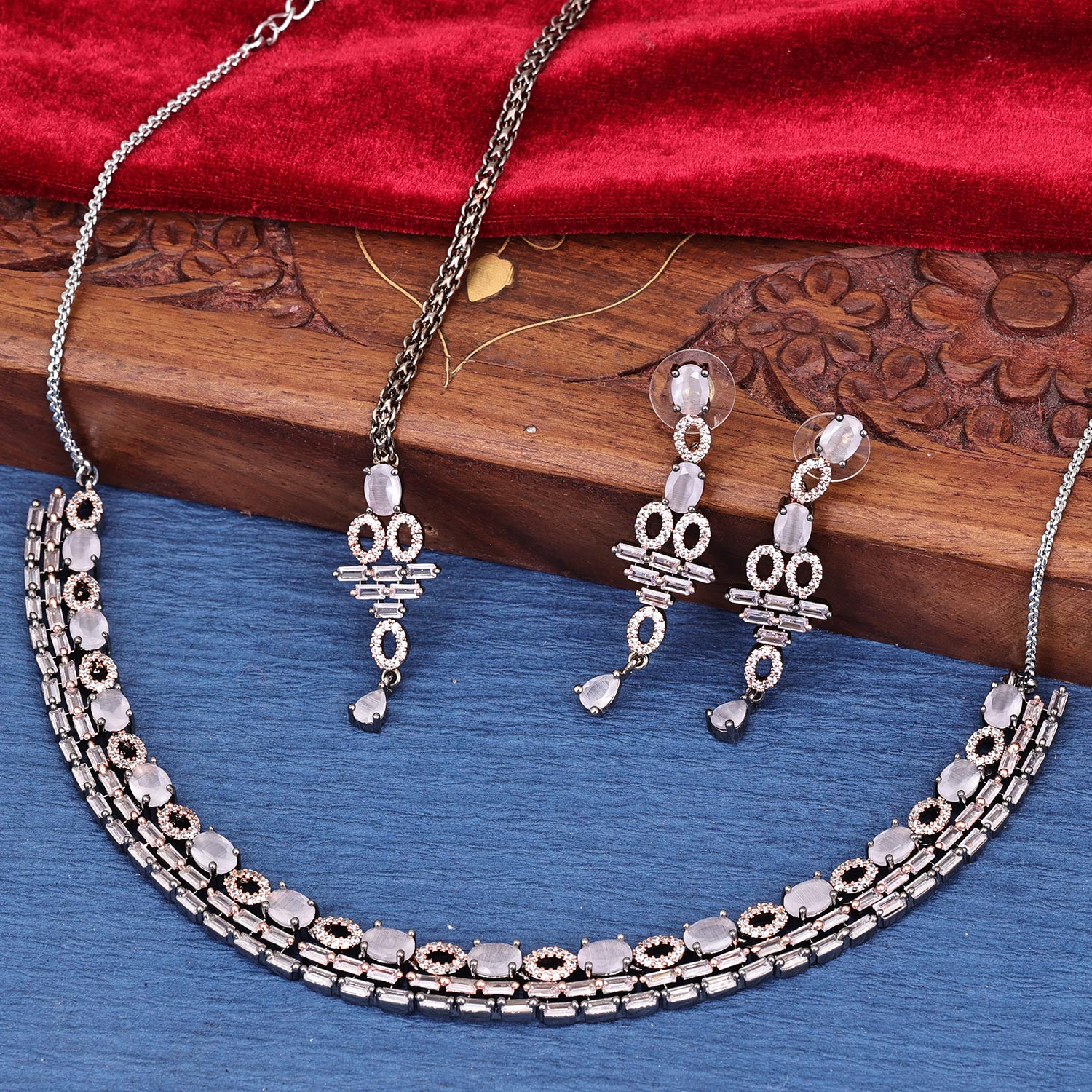 Sukkhi Enticing Rhodium Plated CZ Silver Necklace Set for Women