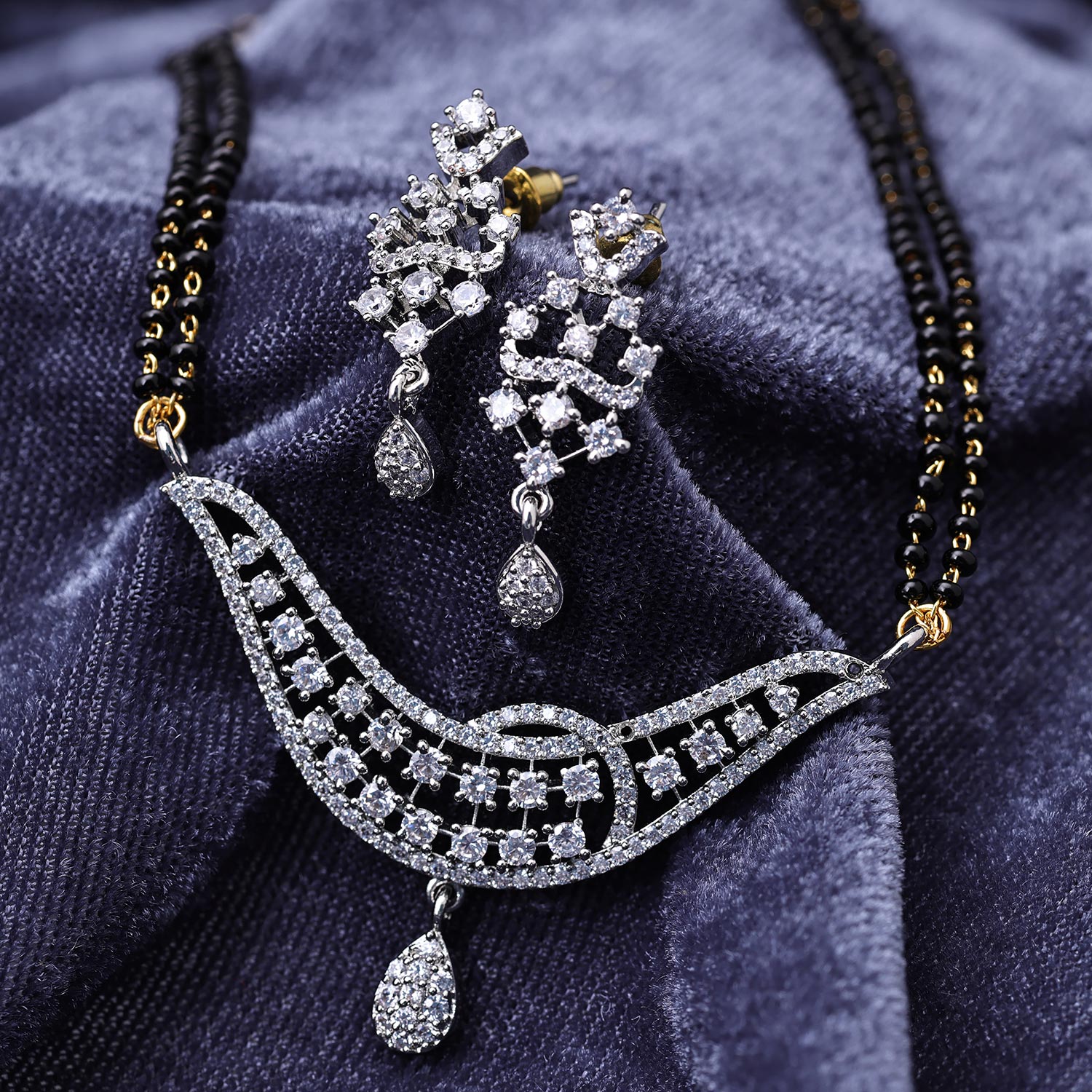 Sukkhi Goodly Rhodium Plated CZ Silver Mangalsutra Set for Women