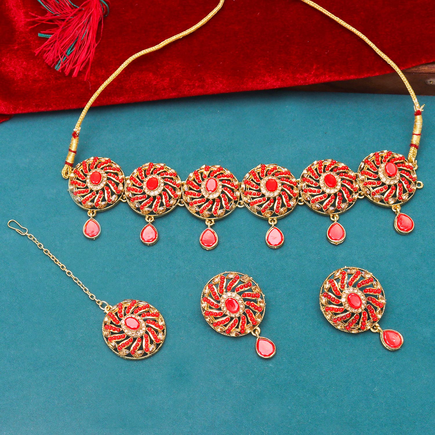 Sukkhi spellbinding Red Pearl Gold Plated Choker Necklace Set for Women
