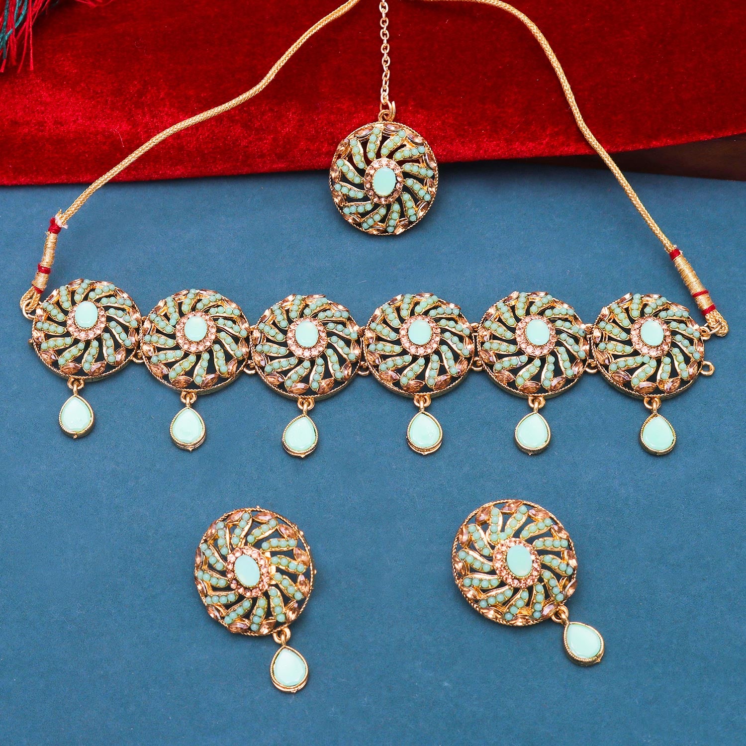 Sukkhi enticing Green Pearl Gold Plated Choker Necklace Set for Women