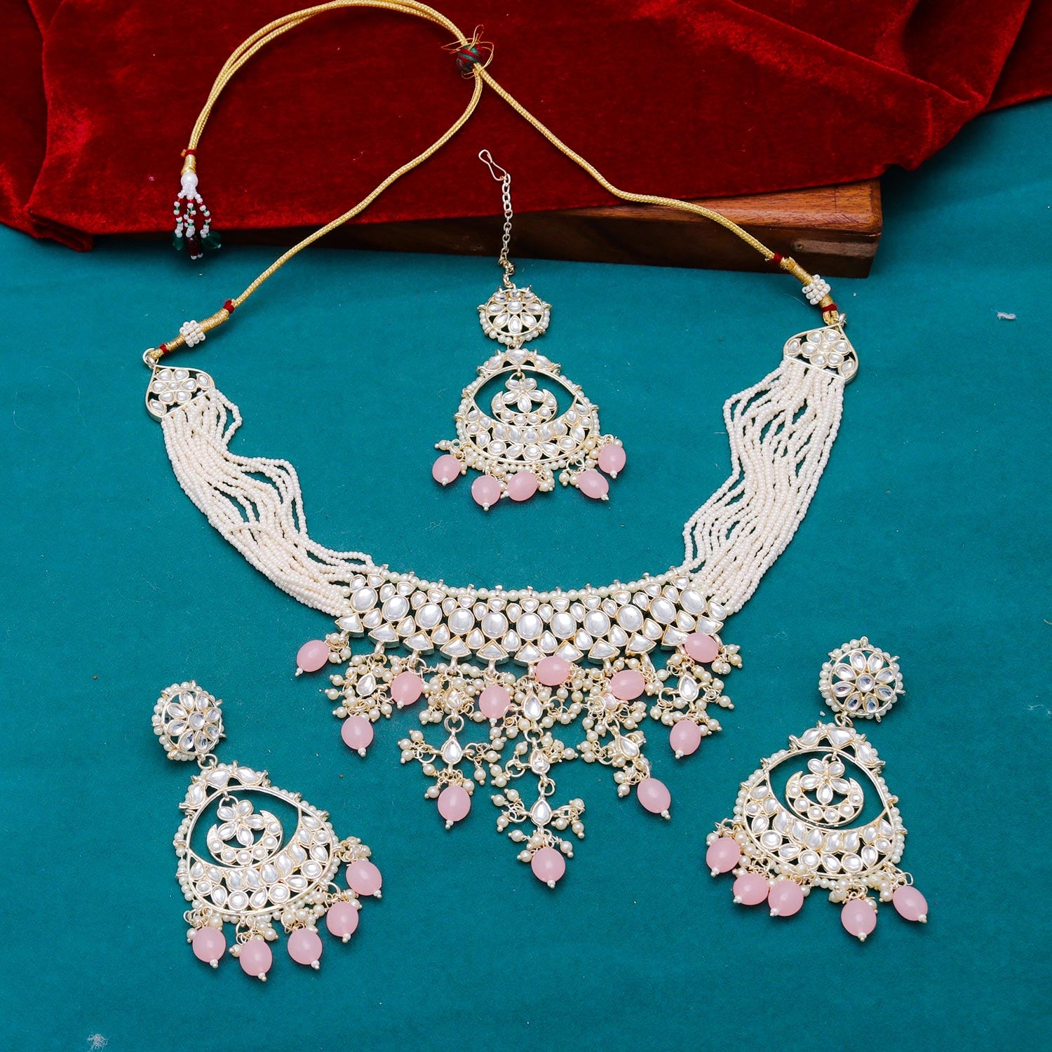 Sukkhi beckoning Baby Pink Kundan & Pearl Gold Plated Choker Necklace Set for Women