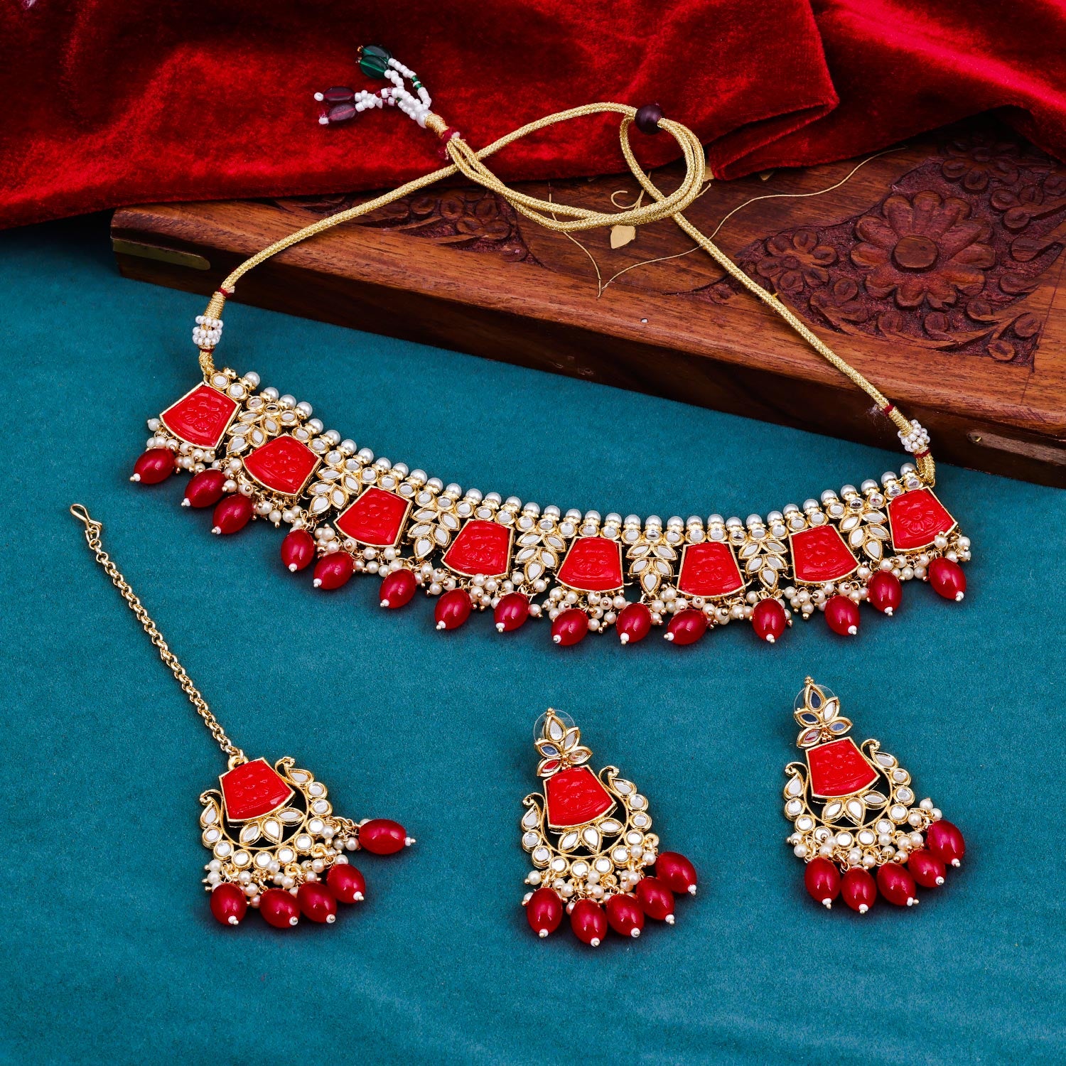 Sukkhi magnetic Red Kundan & Pearl Gold Plated Choker Necklace Set for Women