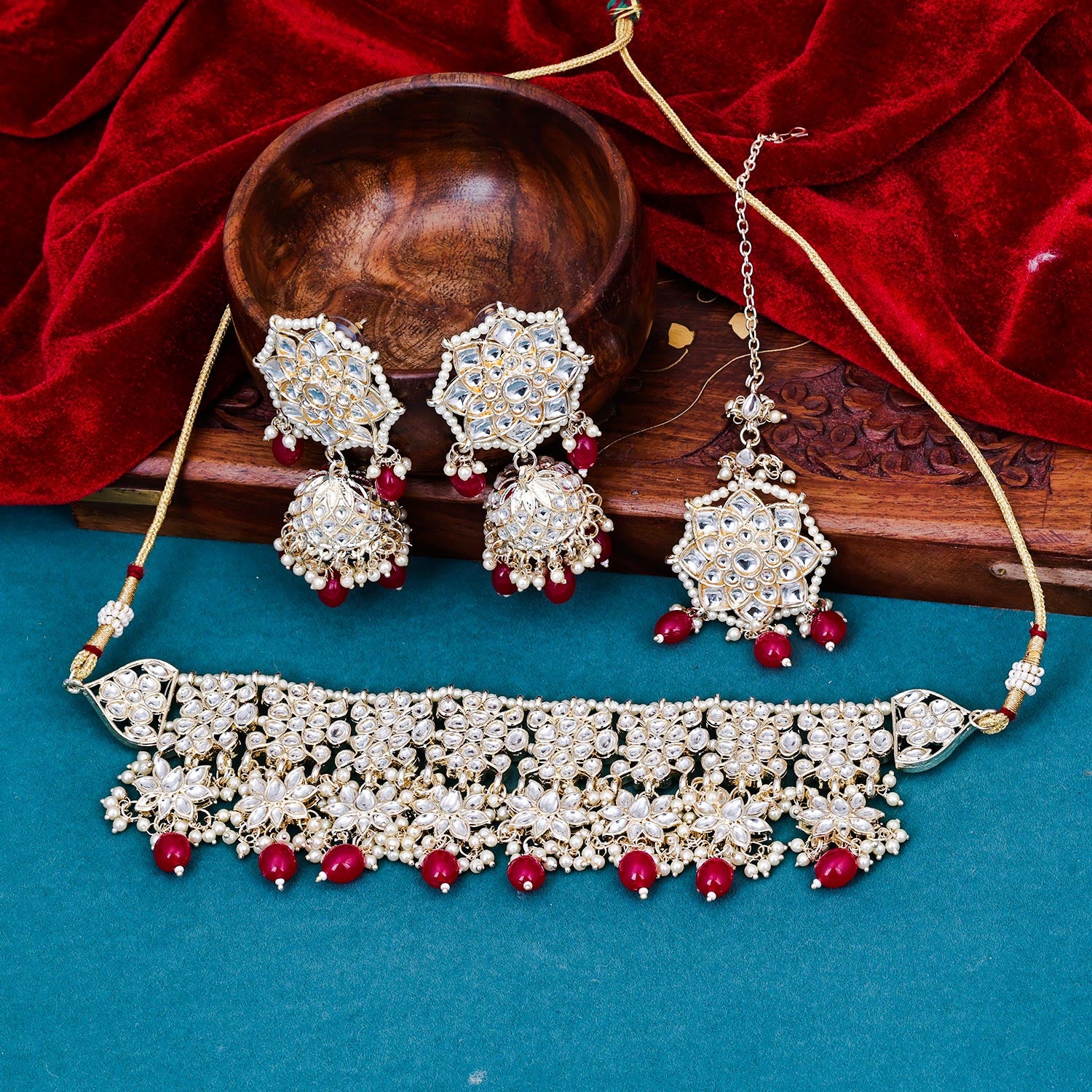 Sukkhi comely Ruby Kundan & Pearl Gold Plated Choker Necklace Set for Women