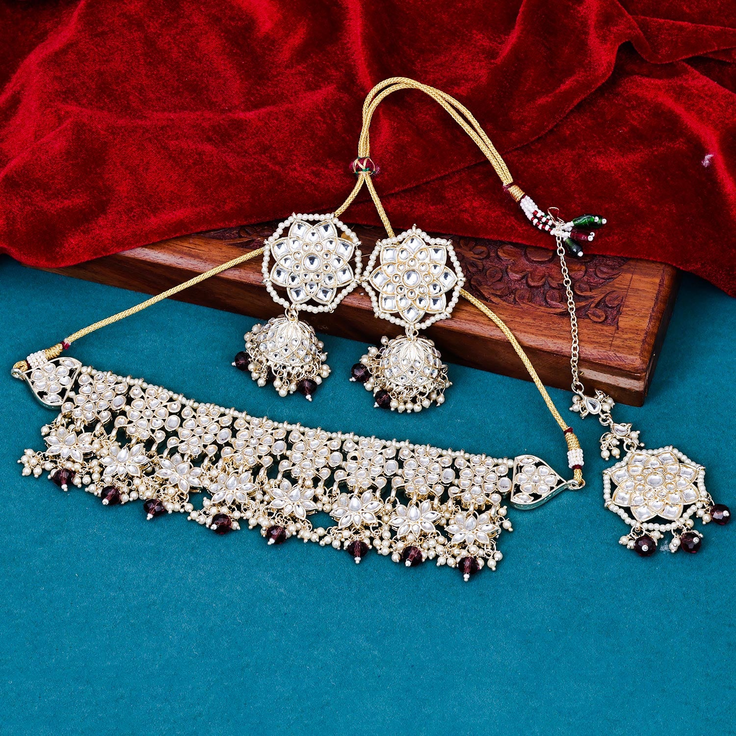 Sukkhi cute Maroon Kundan & Pearl Gold Plated Choker Necklace Set for Women