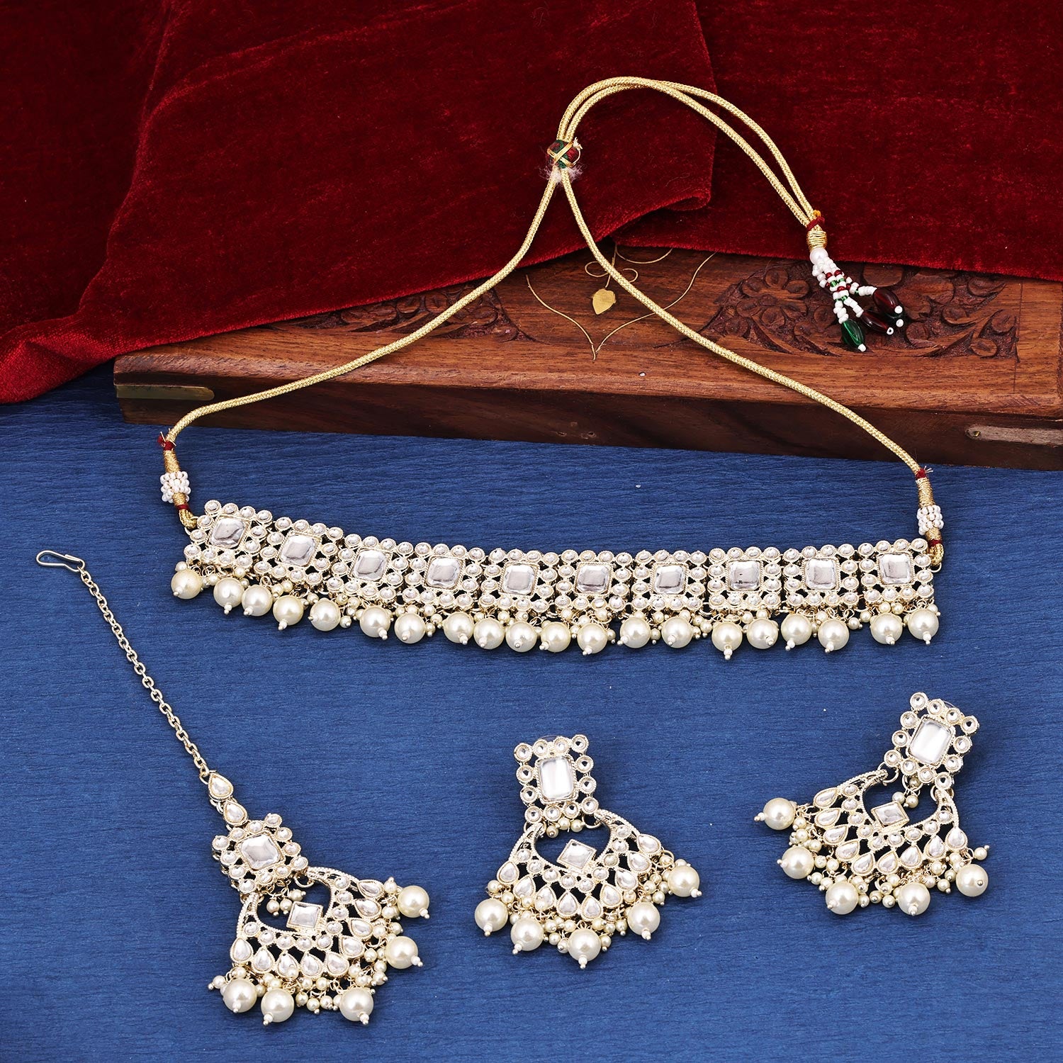 Sukkhi glorious Golden Kundan & Pearl Gold Plated Choker Necklace Set for Women