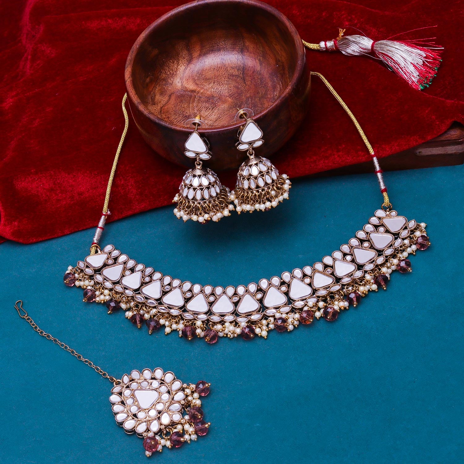 Sukkhi desirable Grey Mirror & Pearl Gold Plated Choker Necklace Set for Women