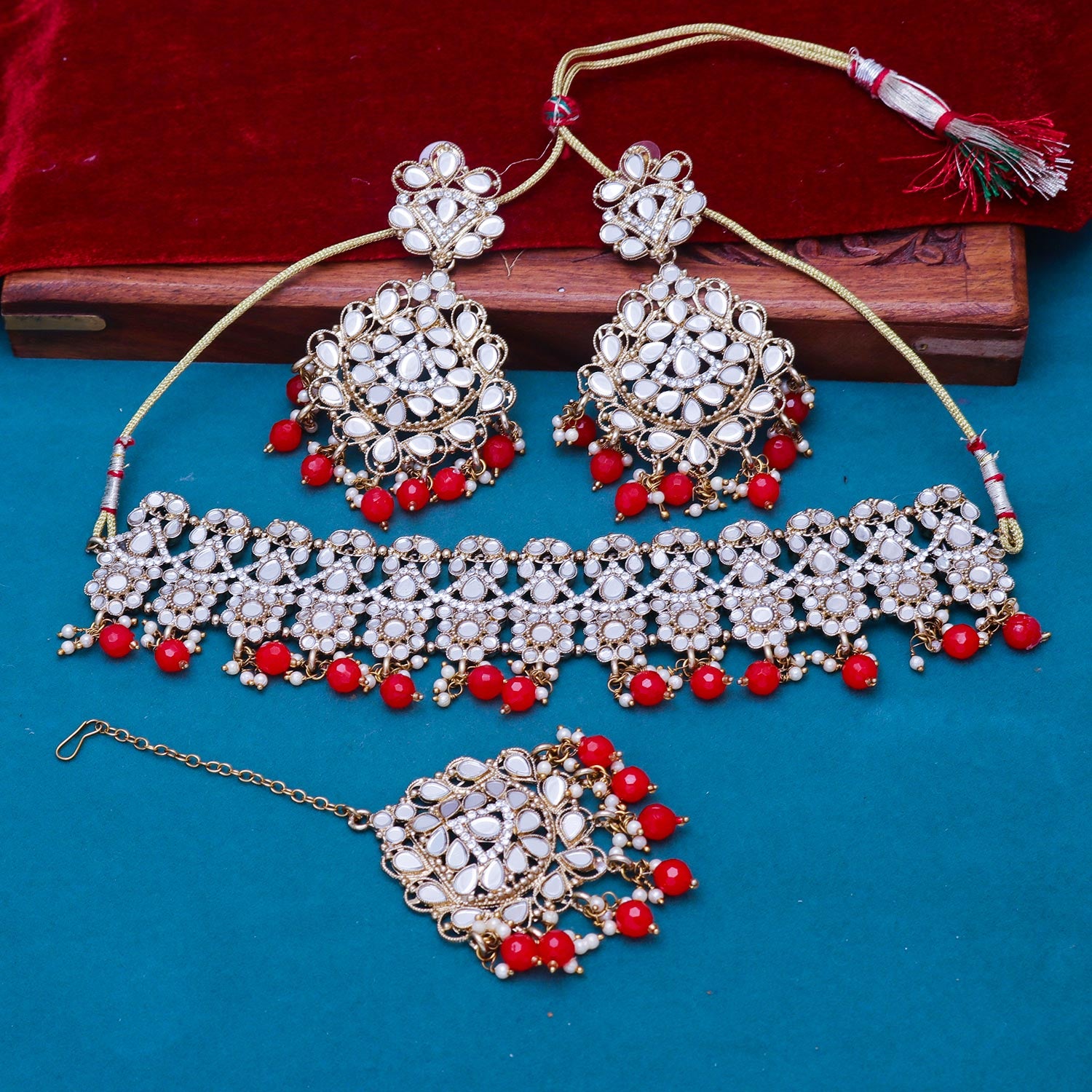 Sukkhi pulchritudinous Red Mirror & Pearl Gold Plated Choker Necklace Set for Women